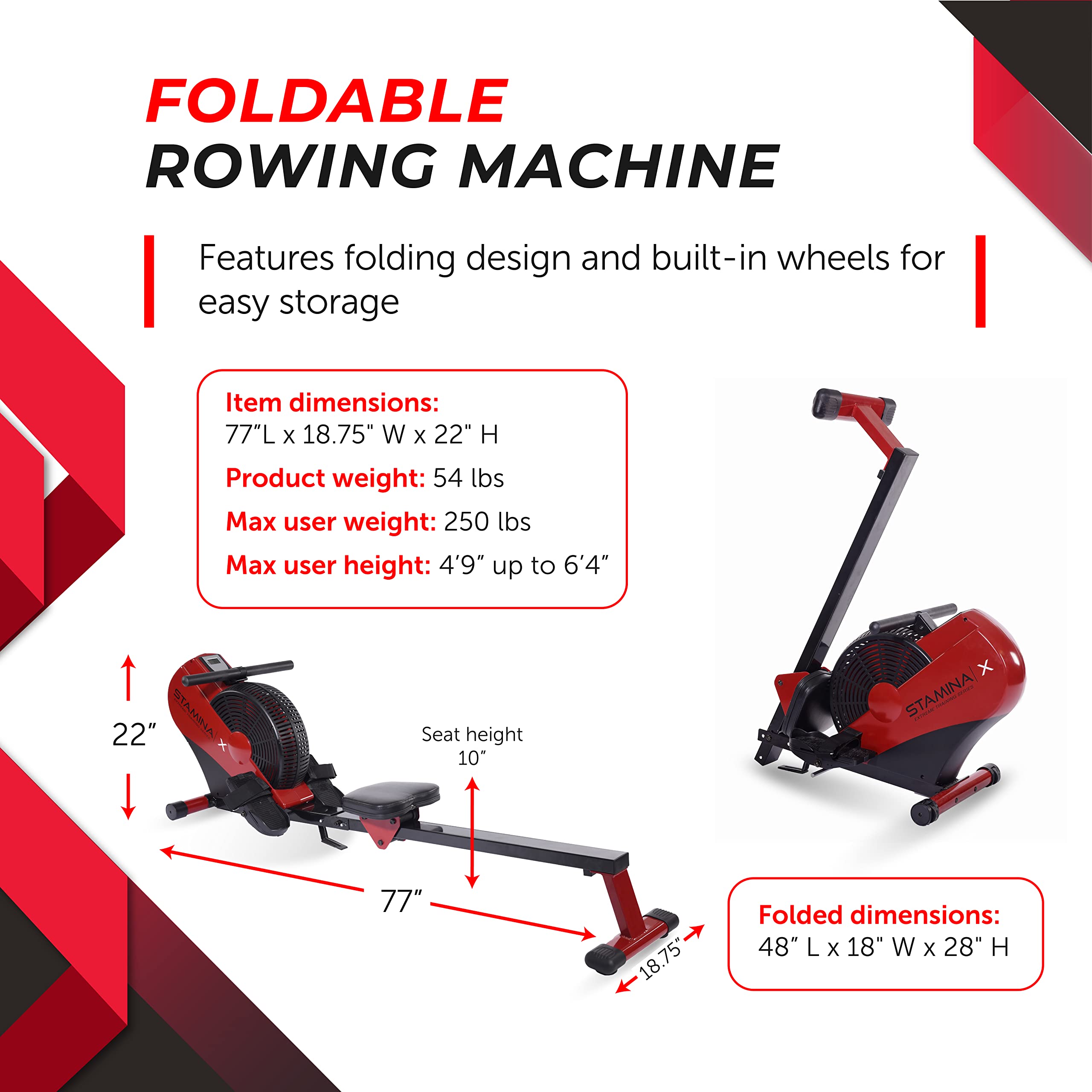 Premium Stamina ATS Air Rower Machine with Smart Workout App - Foldable Rowing Machine with Adjustable Air Resistance for Home Gym, Cardio & Full-Body Workout - Supports Up to 250 lbs (Renewed) - Perfect for Small Spaces, Apartment Workouts & Indoor Fitness Training