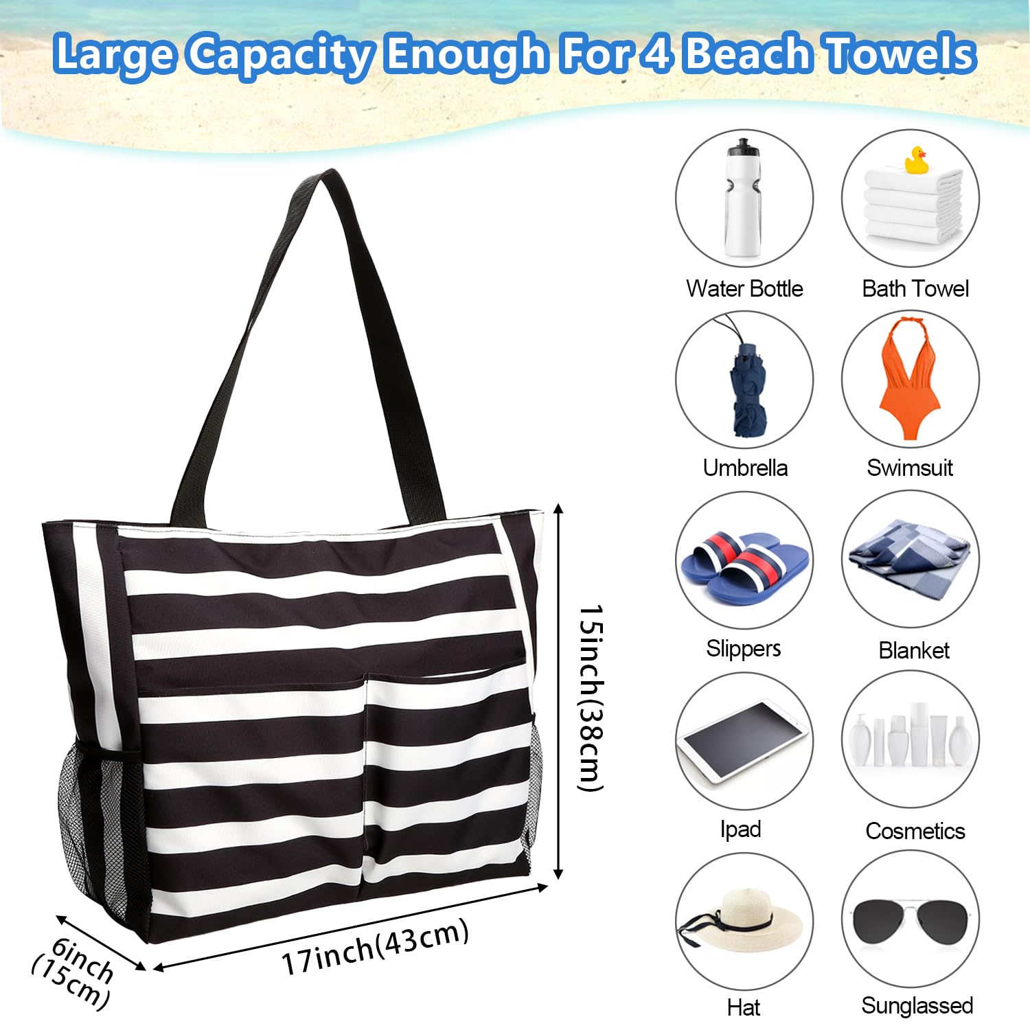 Waterproof Large Beach Tote Bag for Women with Zipper - Swim Pool Bag for Travel, Vacation & Summer Outings - Perfect for Beach Trips, Pool Parties and Weekend Getaways
