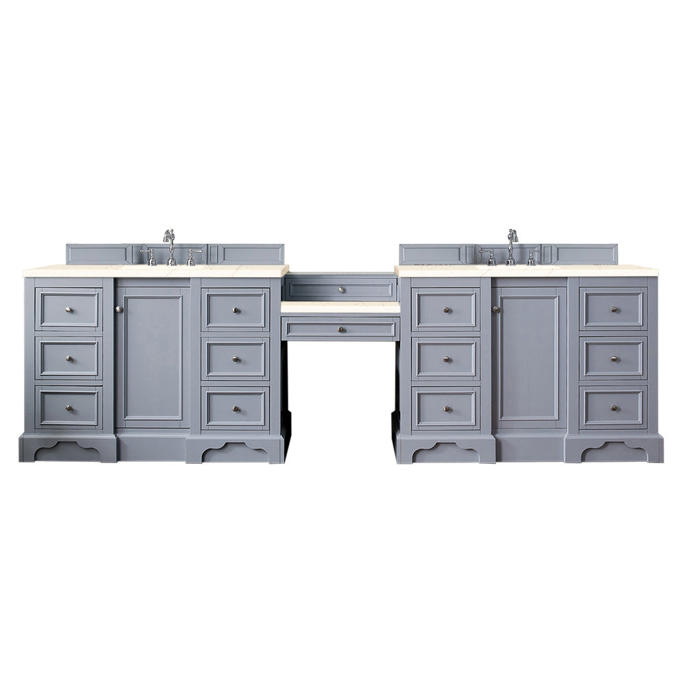 De Soto 118 Double Vanity Set with Makeup Table - Silver Gray Finish & 3CM Eternal Marfil Quartz Top | Modern Bathroom Vanity for Master Suite, Guest Bath or Luxury Home Renovation
