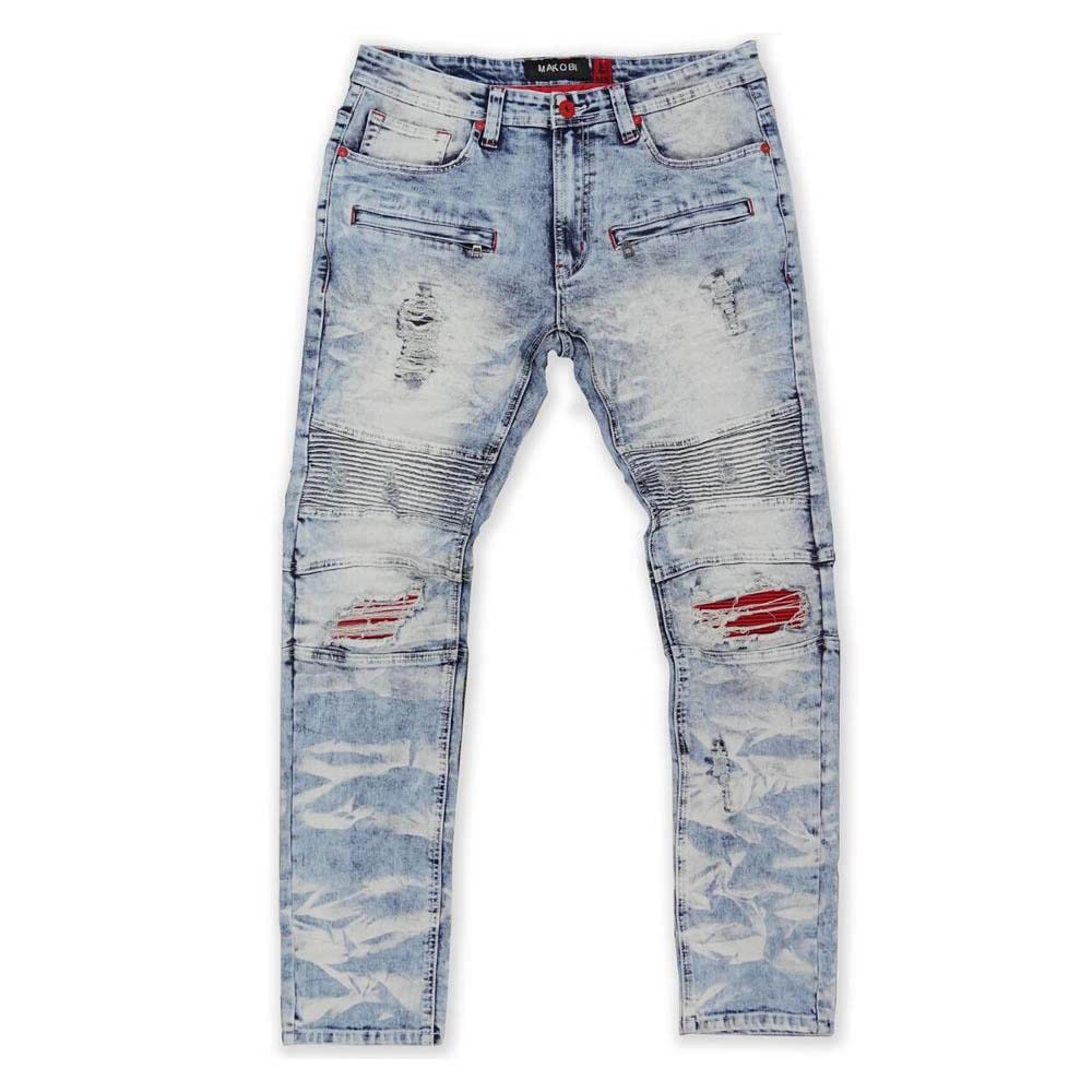 Makobi Men's Distressed Biker Jeans - Light Wash Denim Pants for Motorcycle Riding & Casual Streetwear