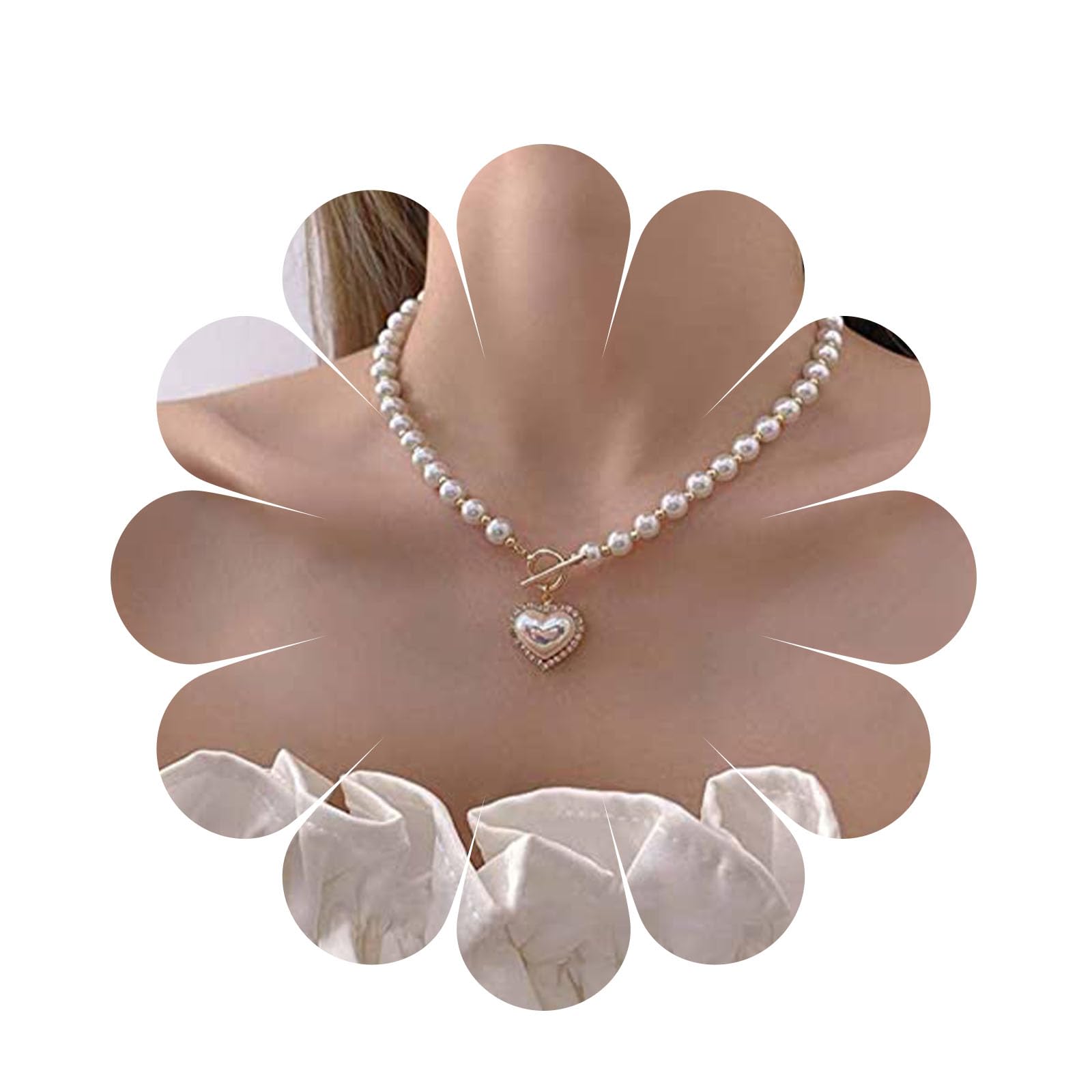 Allereya Vintage Pearl Choker Necklace with Gold Circle T Bar & Bohemian Heart Pendant - Elegant Chain Jewelry for Women and Girls - Perfect for Weddings, Date Nights, and Special Occasions