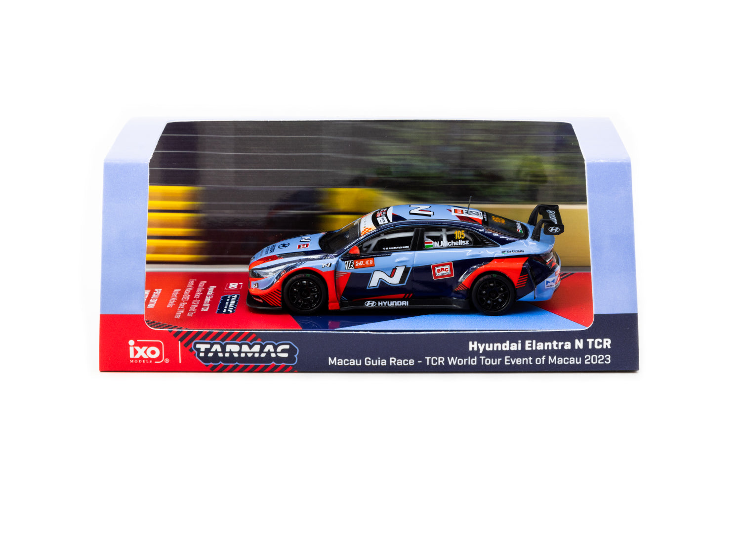 1/64 Scale Hyundai Elantra N TCR Diecast Model Car - 2023 TCR World Tour Macau GP Winner #105 (Hobby64) - Collectible Racing Car for Display & Gifts