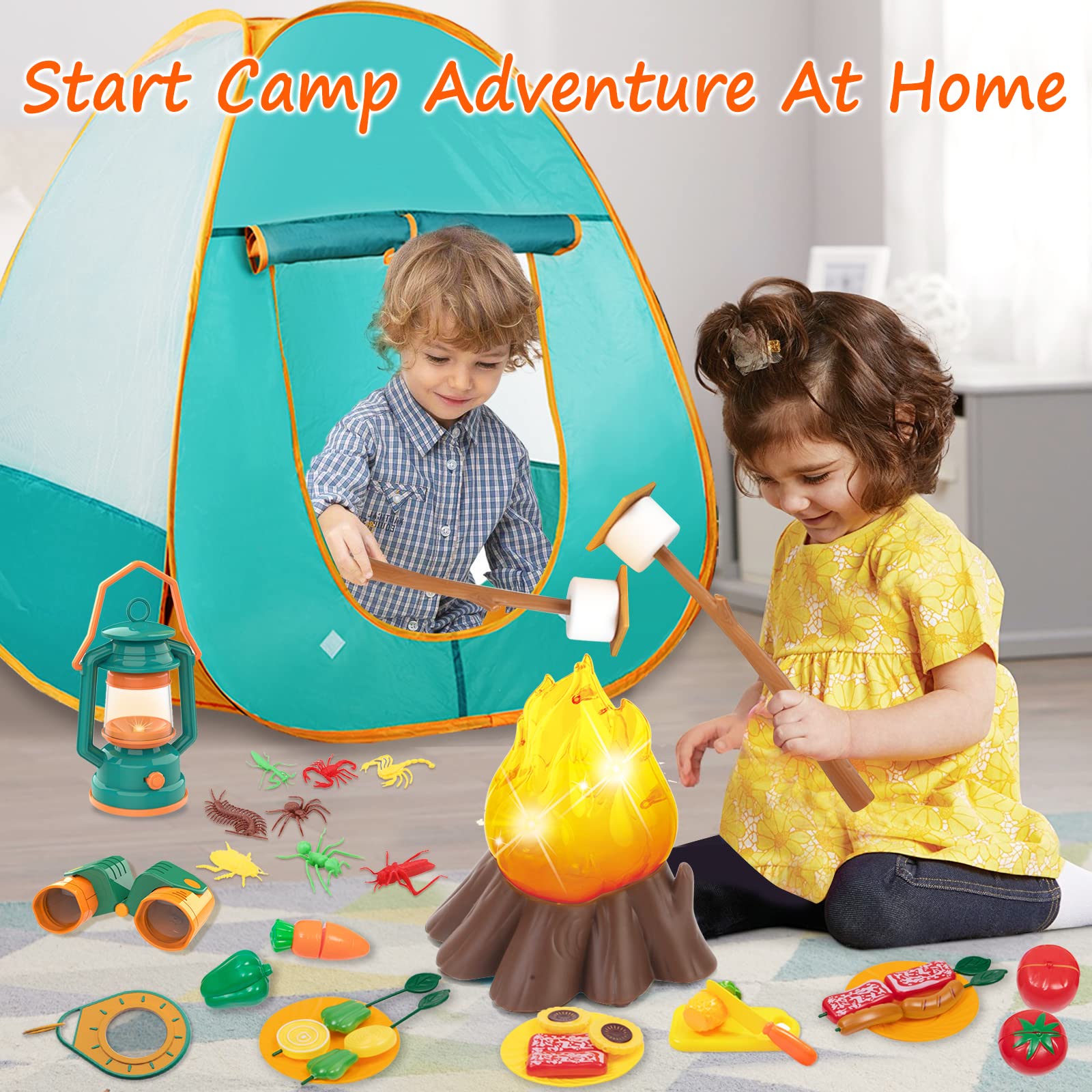 Mitcien Kids Camping Gear Set - Play Tent, Pretend Campfire, Toy Fruits & Marshmallows for Toddlers, Boys & Girls | Indoor & Outdoor Adventure Toys for Pretend Play, Backyard Camping & Family Fun