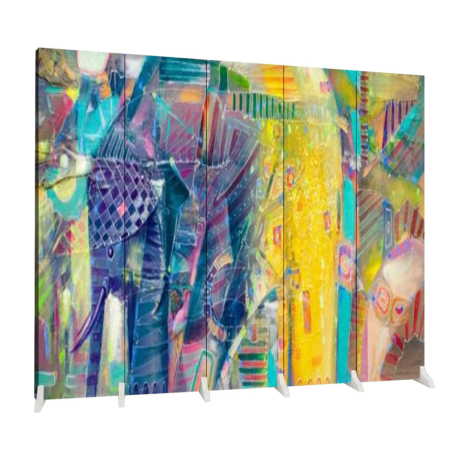 5 Panel Folding Room Divider with Indian Elephant Abstract Art - Freestanding Canvas Privacy Screen for Home, Office & Yoga Studio | Dola-Dola Indoor Partition & Protective Wall Separator