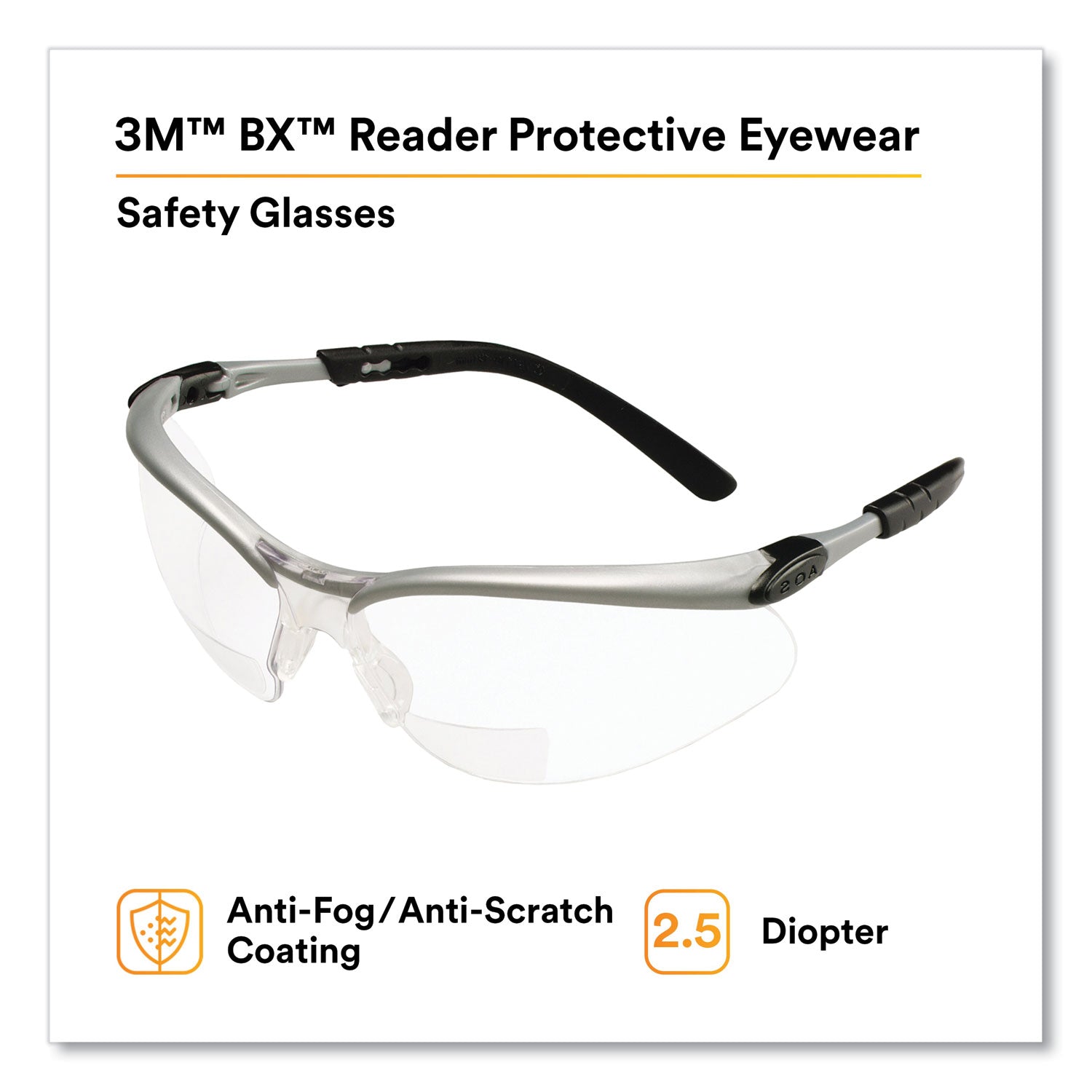 3M™ BX Magnifying Safety Glasses 2.5+ Diopter Strength - Silver/Black Frame with Clear Lens for Reading, Hobbies & Detailed Work - Perfect for Jewelry Making, Electronics Repair & Crafting