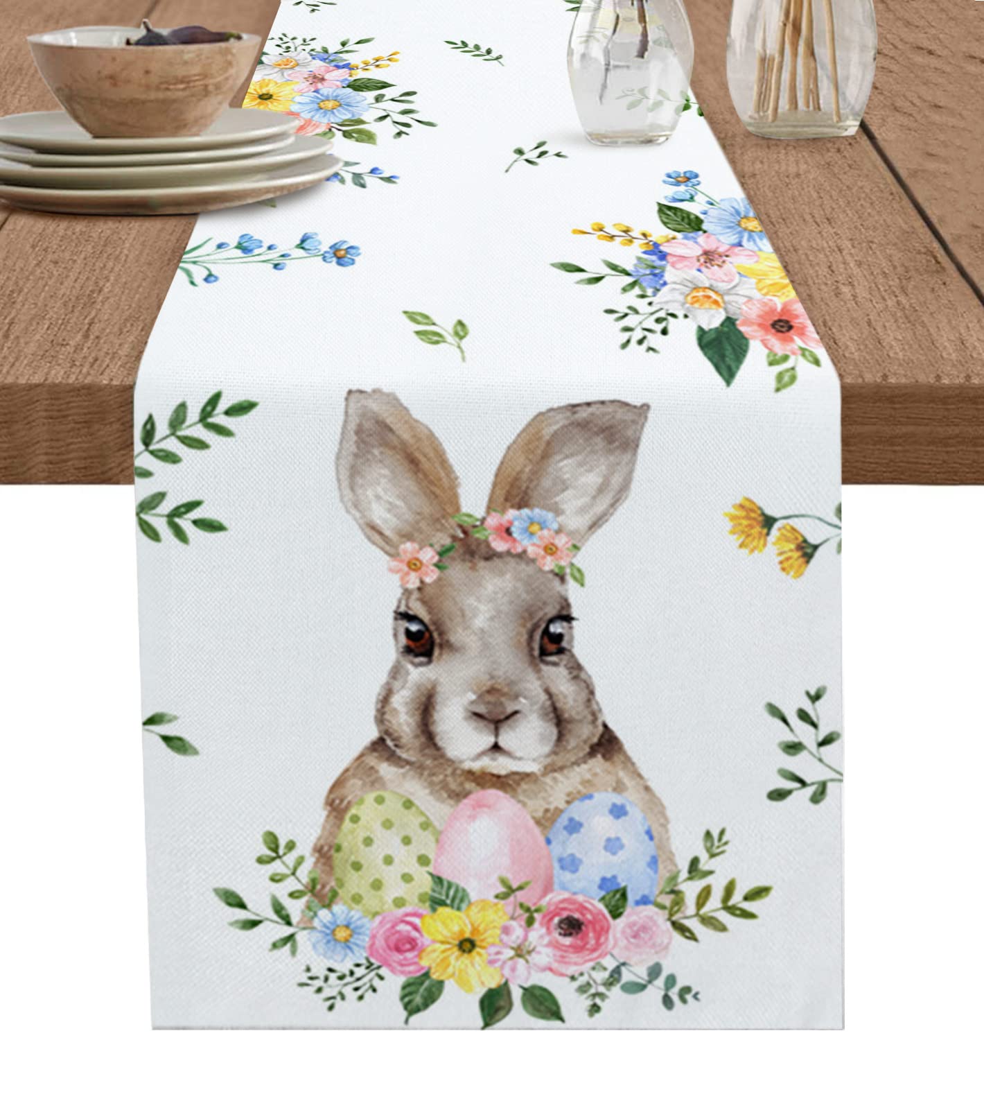 Easter Bunny Cotton Linen Table Runner - 18 x 72 Inch Spring Floral Decor for Dining Table, Family Dinner, Banquet, Party & Celebration - Perfect for Easter, Spring Gatherings and Holiday Home Decor
