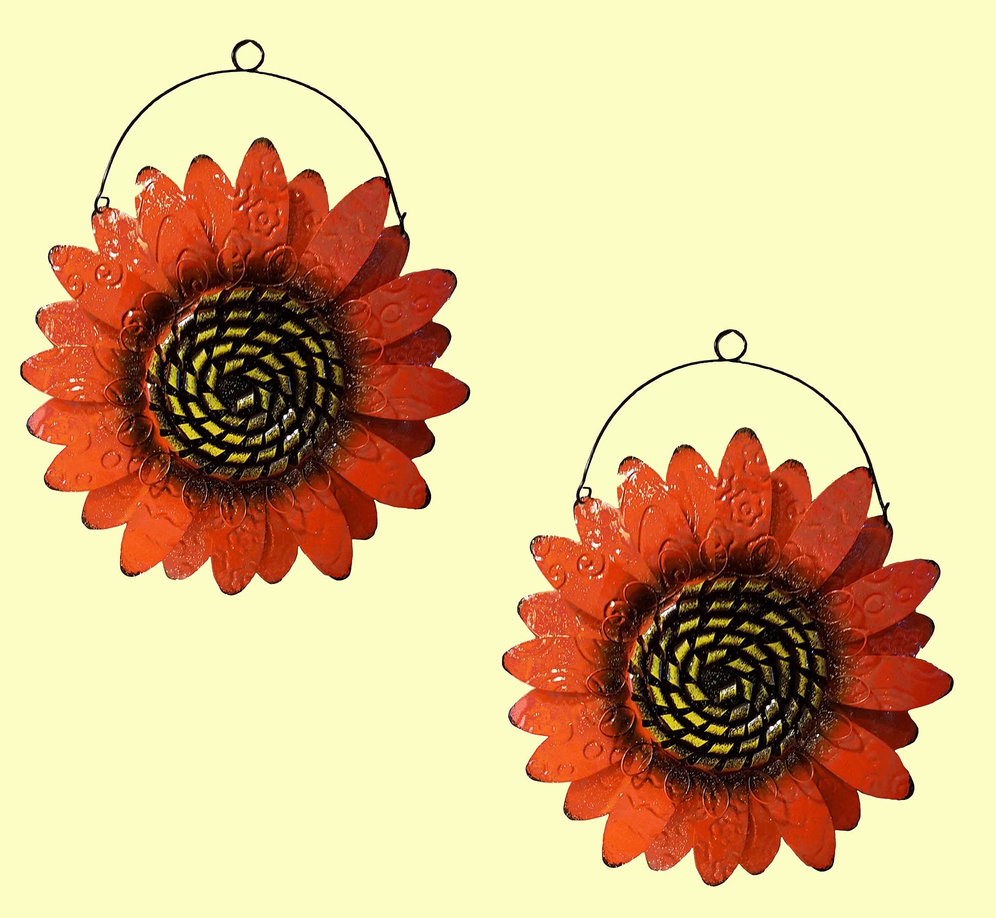 SeasonsEasy Metal Sunflower Wall Decor Set of 2 - Orange Floral Wall Art with Wire Hanger for Home & Garden - Perfect for Living Room, Bedroom, Kitchen, Bathroom, Outdoor Patio & Garden Decor