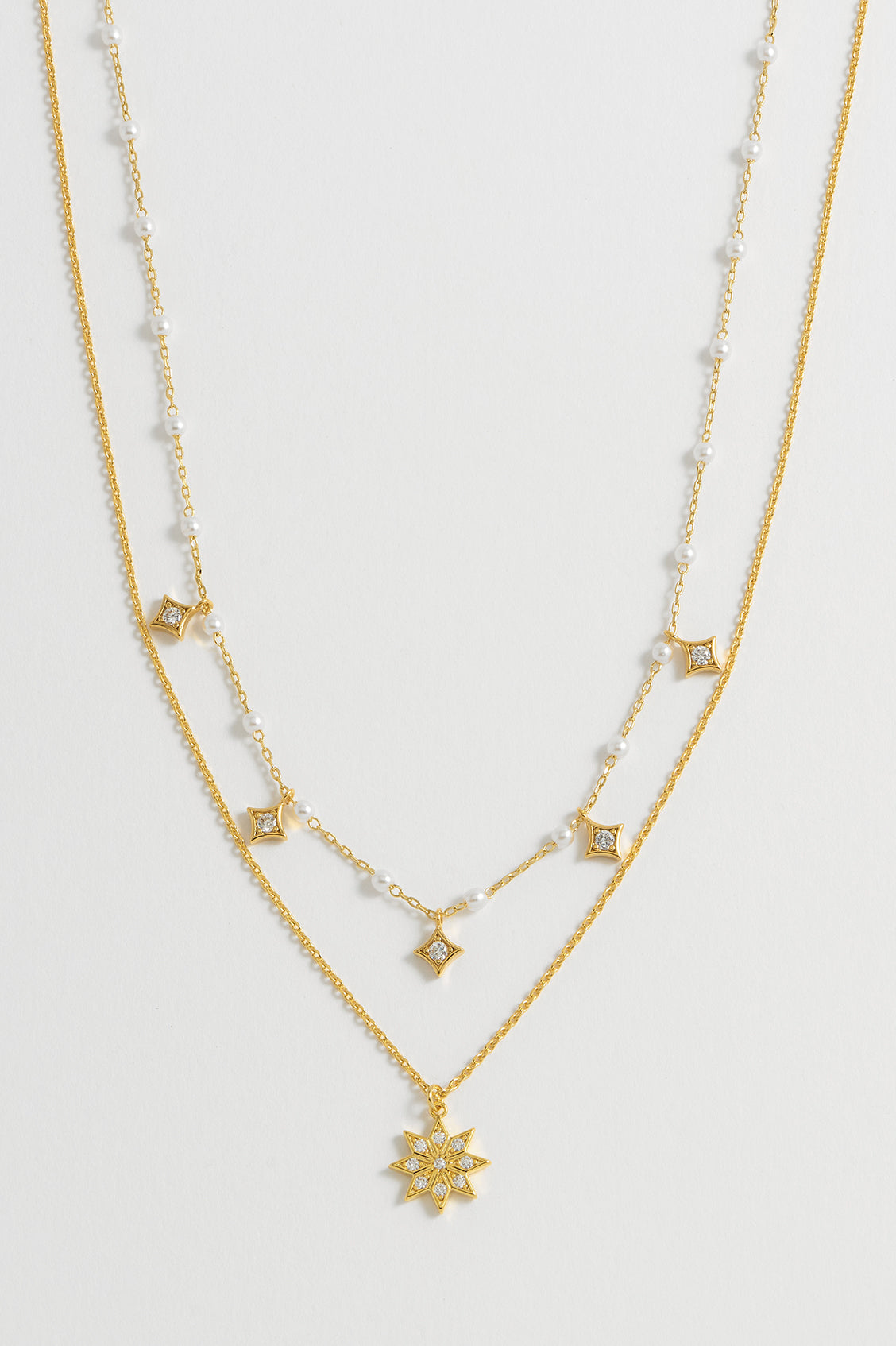 Pearl Star Double Chain Necklace for Women - Elegant Layered Gold Plated Jewelry for Party, Wedding & Everyday Wear