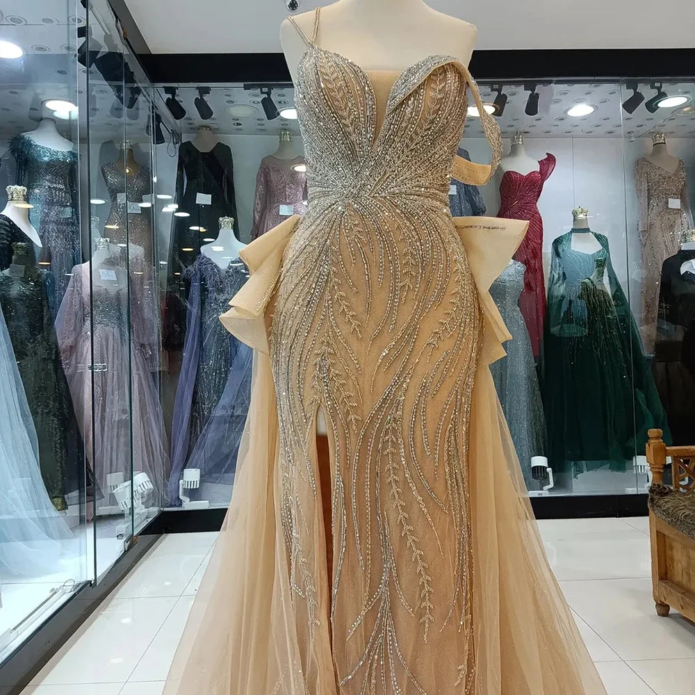 Luxury Dubai Caramel Beaded Mermaid Evening Gown with Overskirt & Elegant Split - Formal Dresses for Women - Perfect for Weddings, Galas & Red Carpet Events