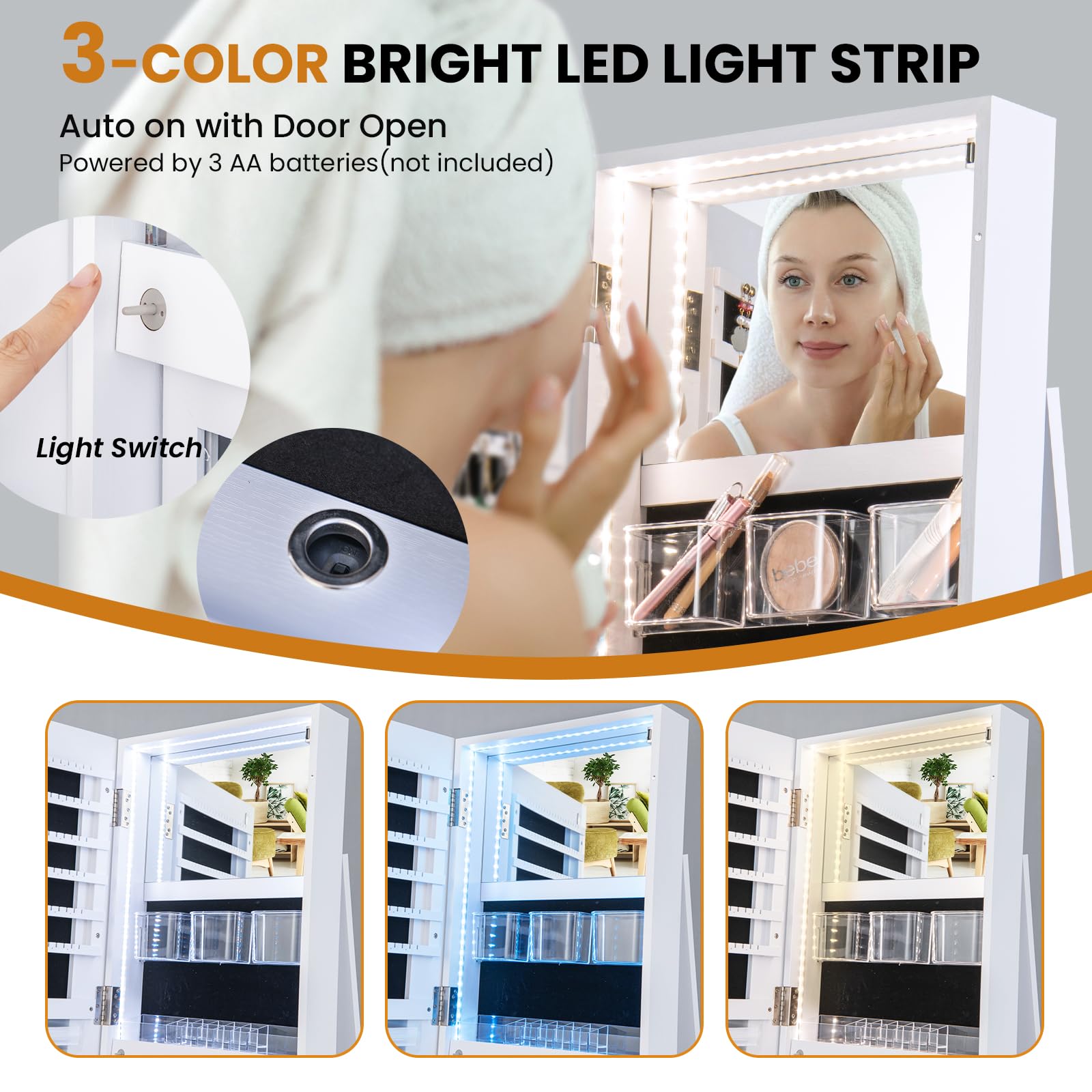 360° Swivel Jewelry Cabinet with Lock & LED Lights - Standing Jewelry Organizer with Full-Length Mirror, Rear Storage Shelves - White Jewelry Armoire for Women & Girls - Perfect for Bedroom, Dressing Room & Closet Organization