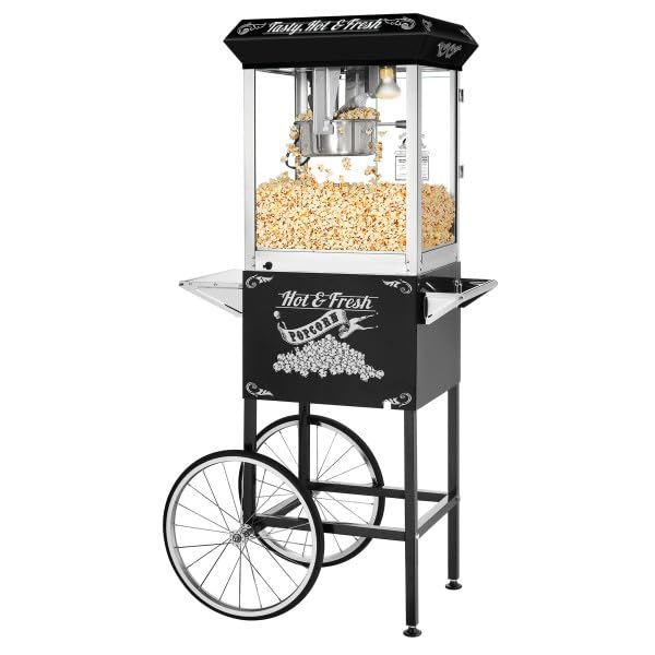 Superior Popcorn Machine with Cart - 8oz Commercial Popcorn Popper with Stainless Steel Kettle, Heated Warming Deck & Old Maids Drawer - Perfect for Movie Nights, Parties & Concession Stands (Black)