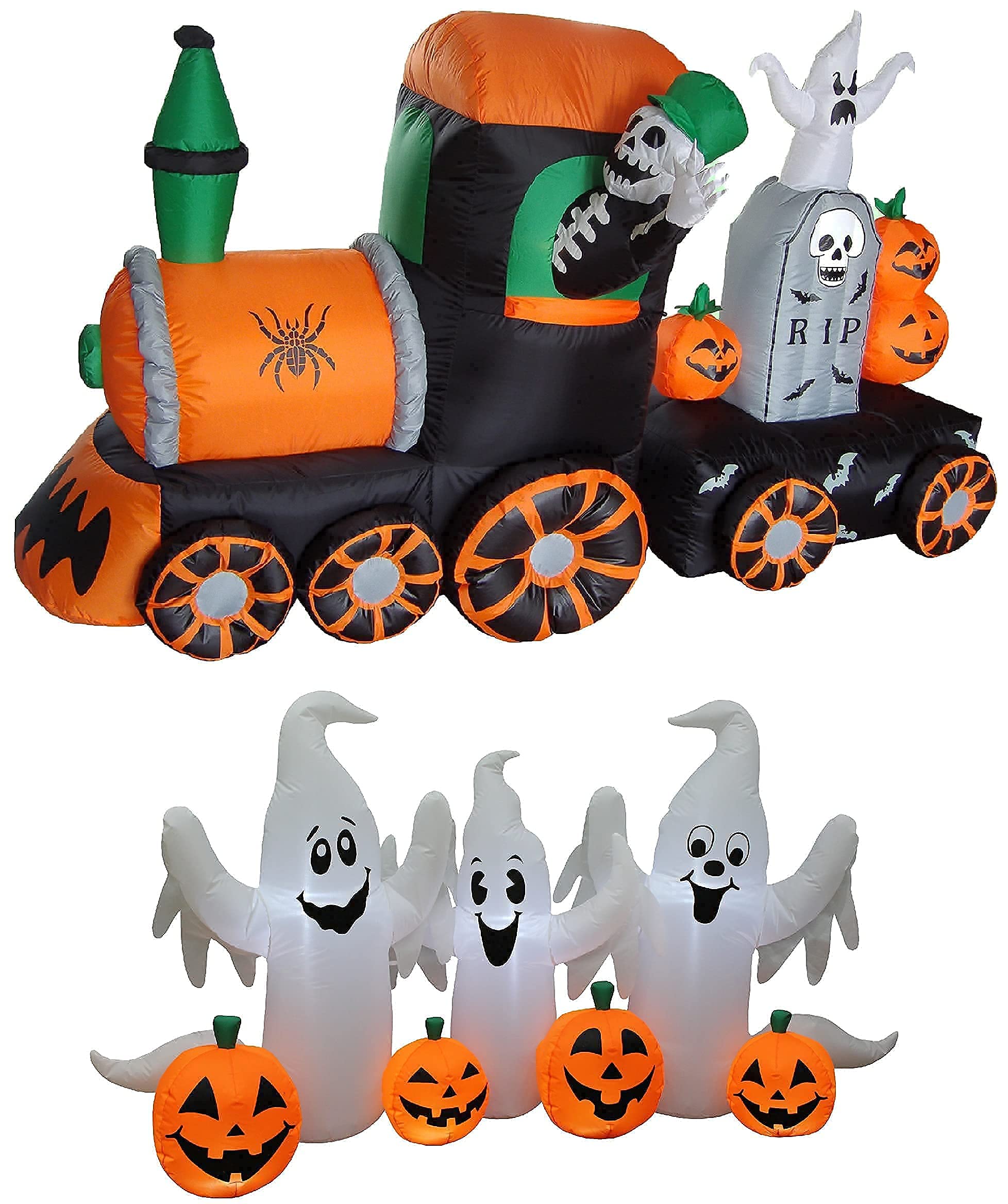 Halloween Party Decorations Bundle - 7FT Inflatable Skeleton Train with Ghost Tombstone & 6FT Inflatable Three Ghosts with Pumpkin Patch & LED Lights | Spooky Yard Decor for Halloween Night, Trick-or-Treat Display & Haunted House Theme Party