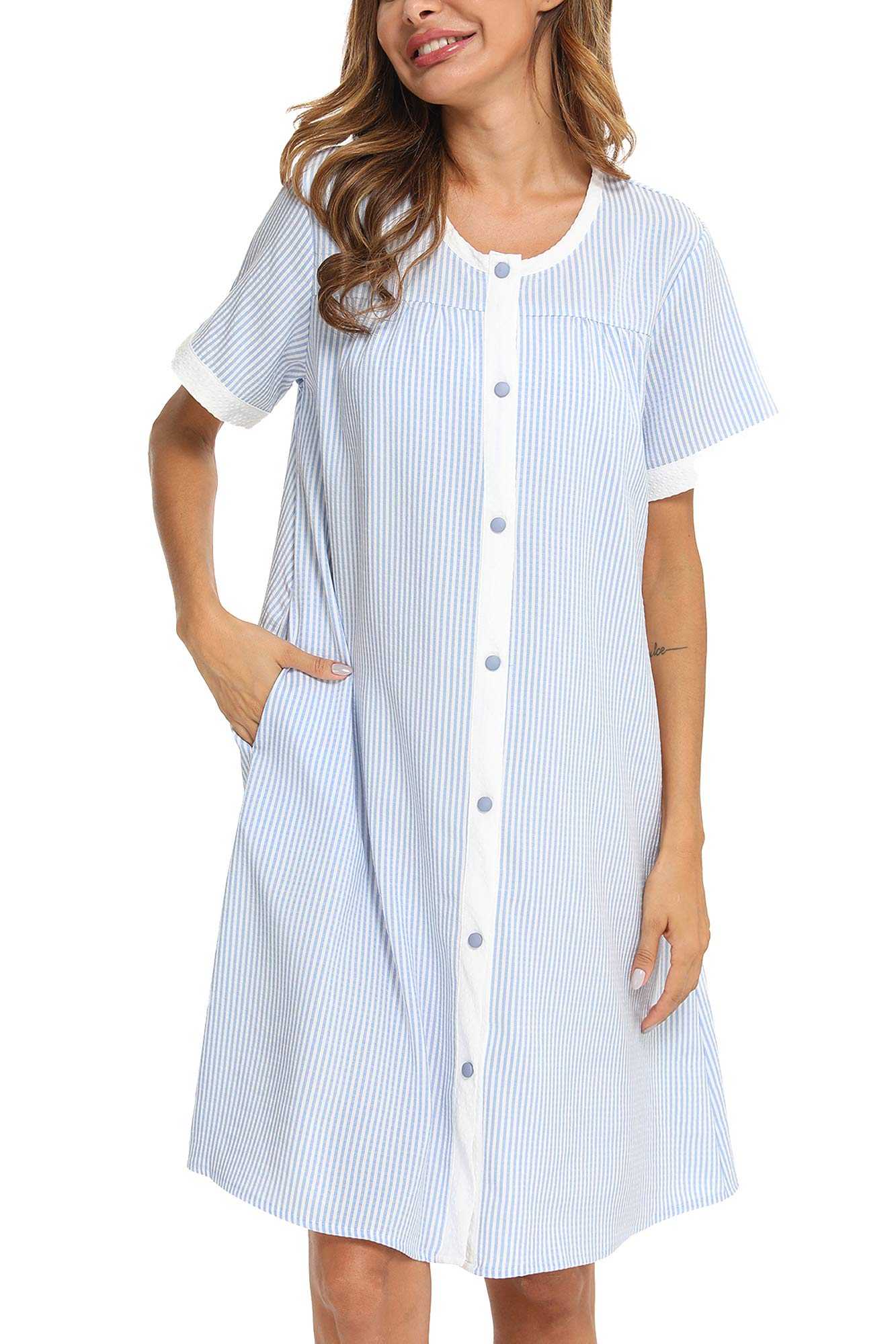 YOZLY Women's Short Sleeve House Dress with Pockets - Comfortable Casual Home Robe, Duster & Nightgown for Lounging, Sleeping & Morning Wear