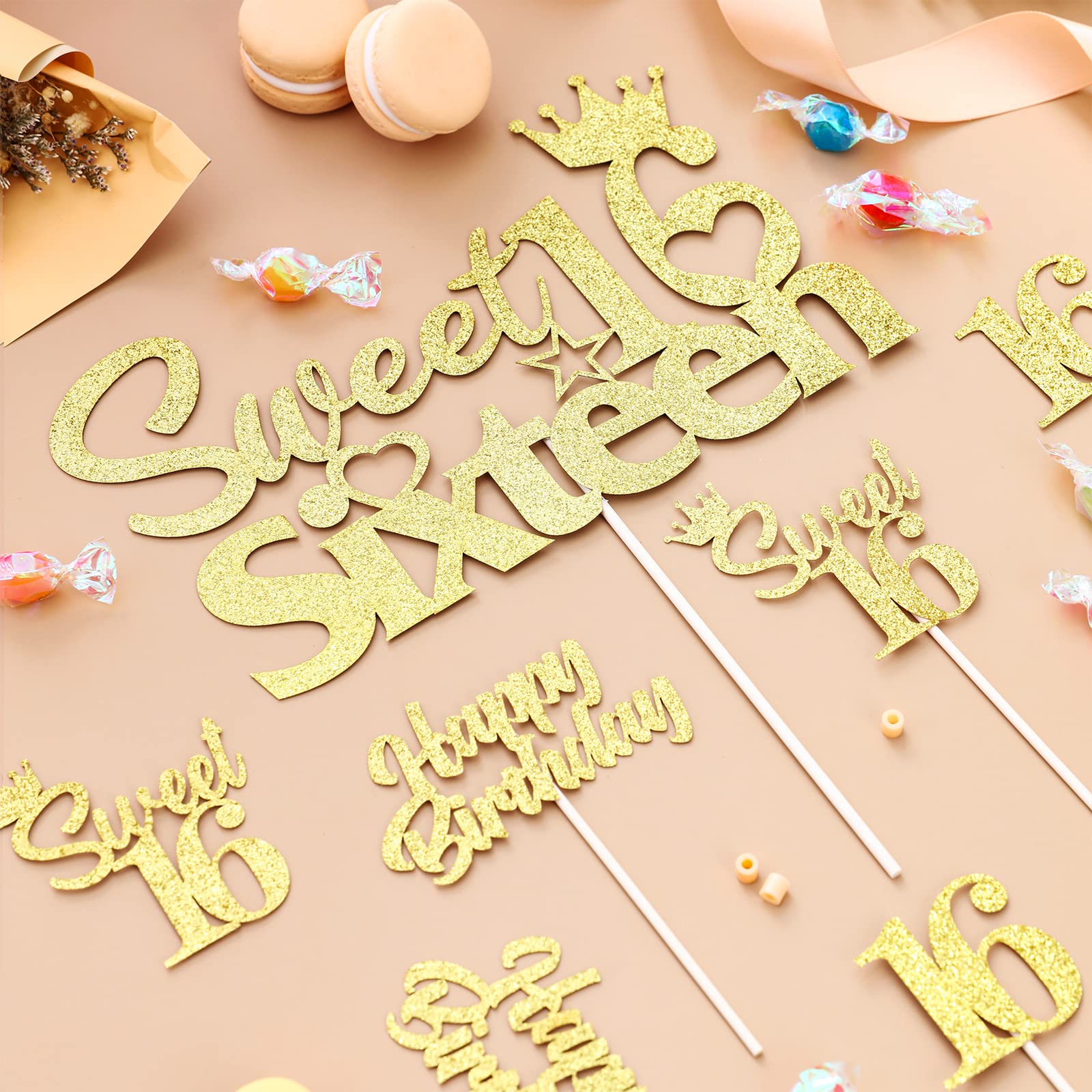 25-Pack Sweet 16 Birthday Cake Decorations Set - Gold Happy 16th Cake Topper & Cupcake Toppers for Boys & Girls - Perfect for Sweet Sixteen Parties, Birthday Celebrations & Milestone Events