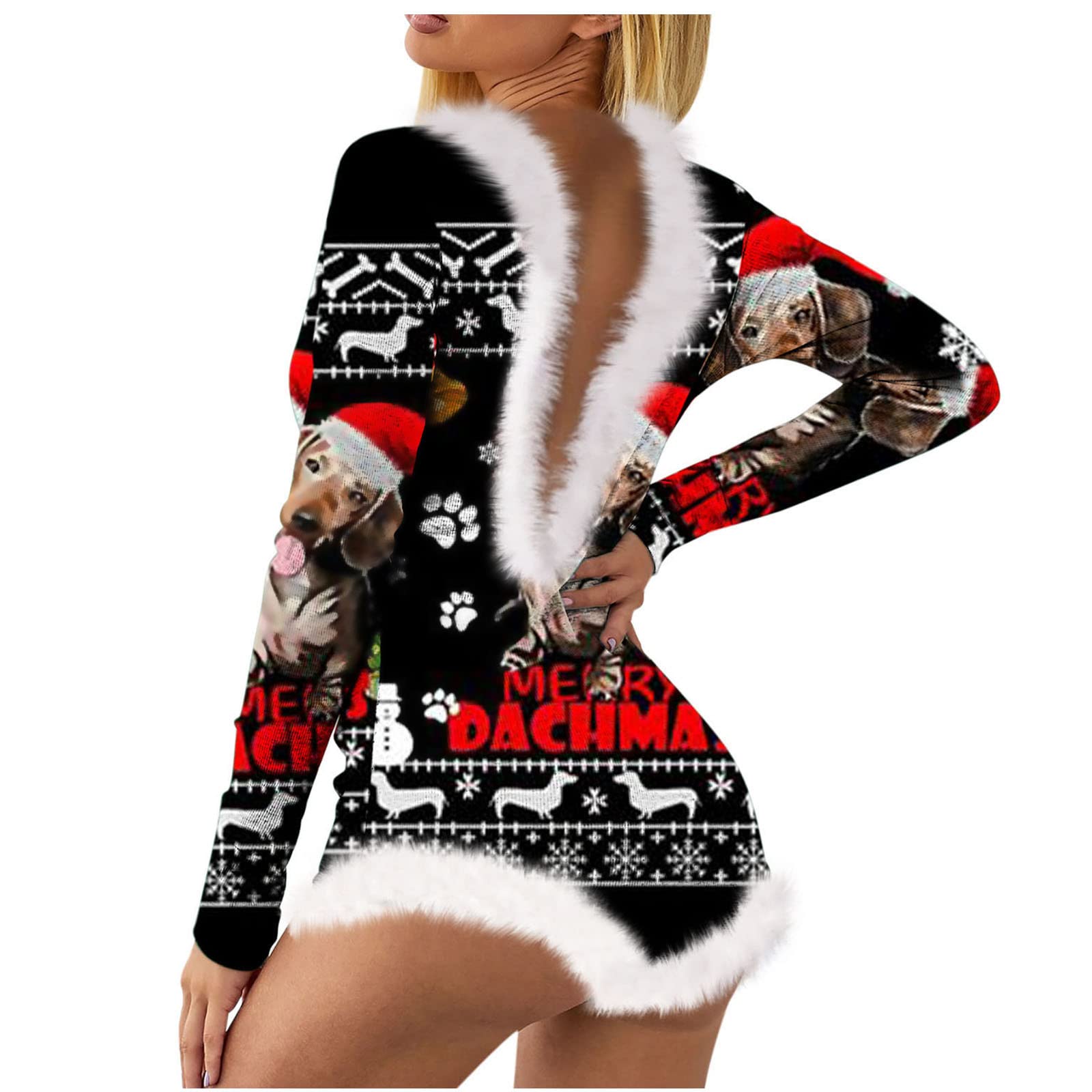 MEOILCE Women's Christmas Bodysuit Lingerie - Sexy Naughty Print Fuzzy Trim Teddy Babydoll with Backless Design | Exotic Pajamas for Holiday Parties, Valentine's Gift & Romantic Nights