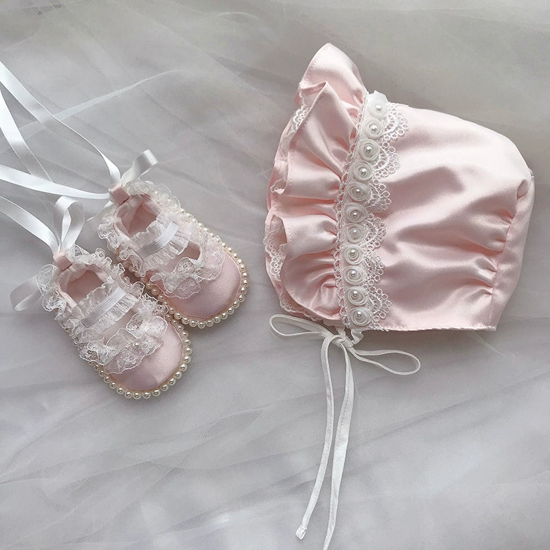 Baby Princess Hat & Toddler Lace Pearl Soft-Soled Shoes Set for Newborn Photoshoot, Christening, and Special Occasions