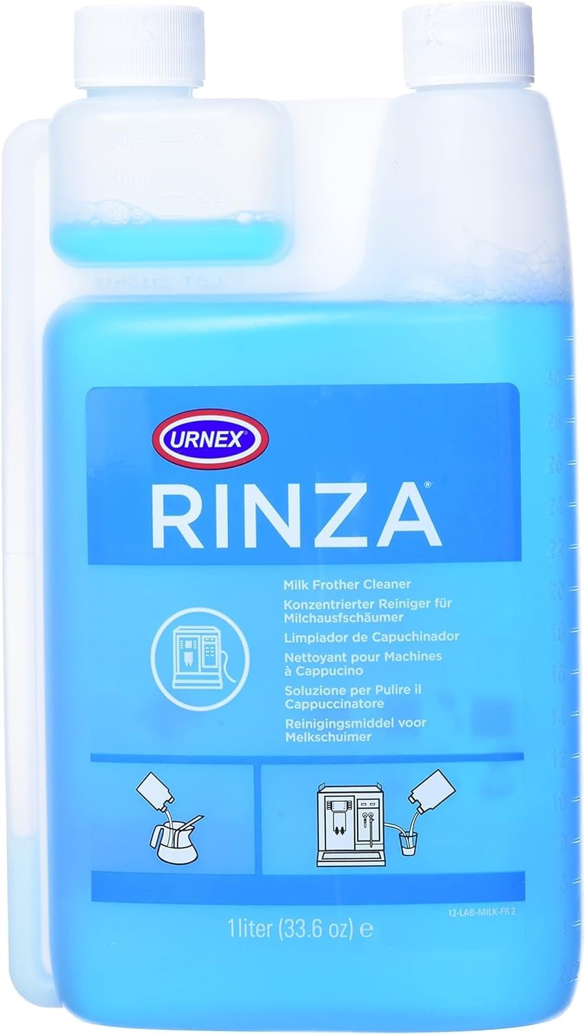 Urnex Rinza Alkaline Formula Milk Frother Cleaner - 33.6 oz (1L) - Professional Espresso Machine & Coffee Equipment Descaler - Removes Milk Residue & Limescale for Barista Use