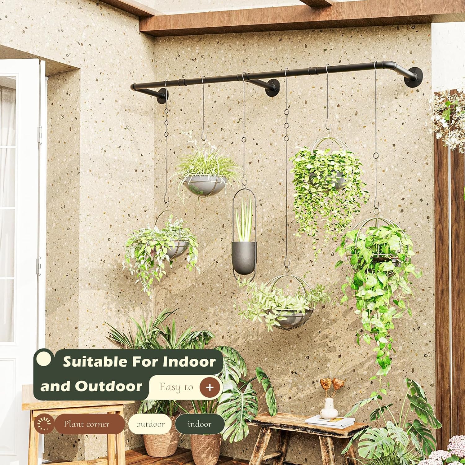 6-Chain Black Metal Indoor Plant Hanger - Window Hanging Planter Holder with Adjustable Rod for Pothos, Spider Plants & Ferns (Pots Not Included) - Perfect for Living Room, Bedroom & Balcony Decor