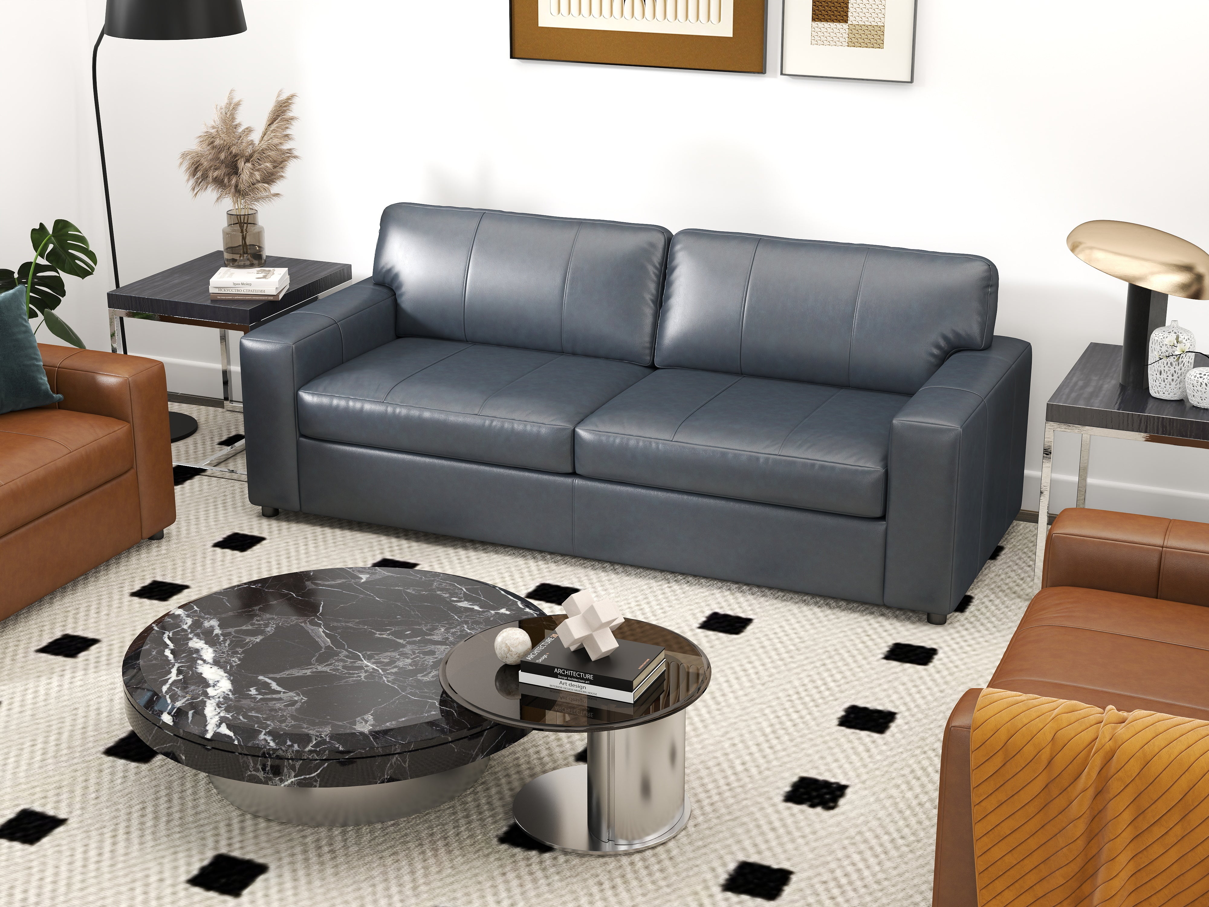 Roundhill Furniture Sakan Genuine Leather Upholstered Sofa - Modern Living Room Couch for Home, Office & Lounge Comfort