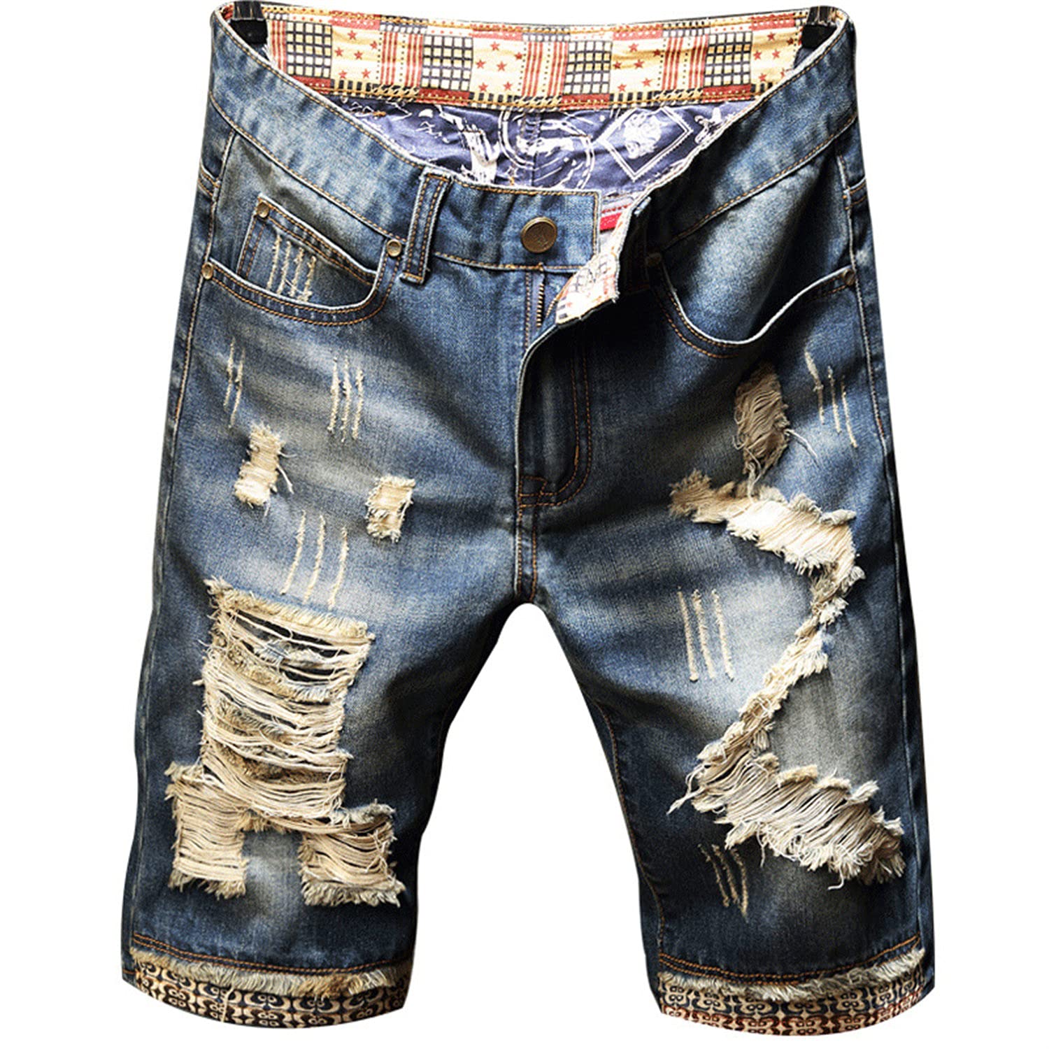 Vintage Distressed Denim Shorts for Men - Retro Plus Size Casual Ripped Biker Jean Shorts with Embroidery Pattern (Blue, Size 29) - Perfect for Summer Outfits, Beach Wear & Casual Street Style