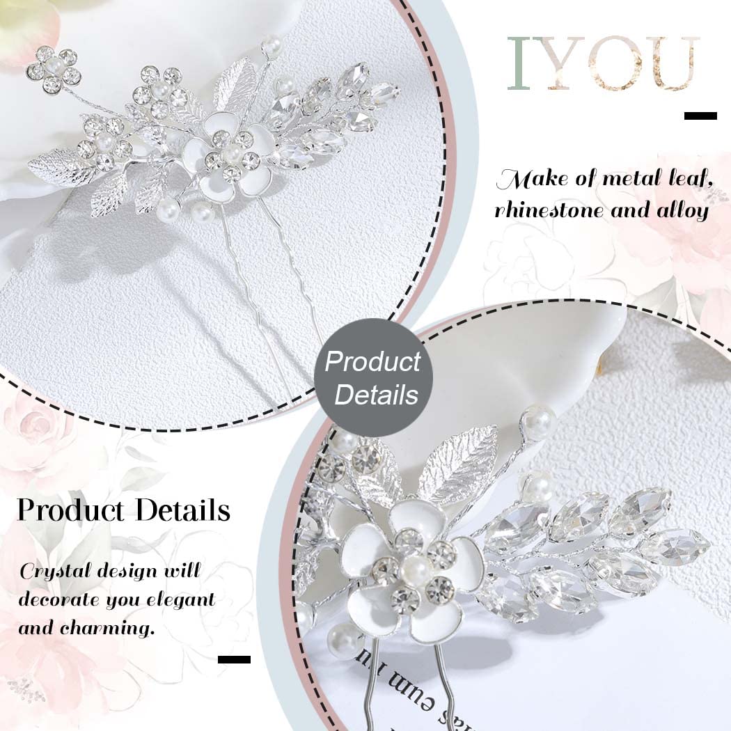 **IYOU Silver Flower Bridal Hair Pins – Crystal Wedding Hair Accessories for Women (Pack of 3) – Perfect for Weddings, Prom, Communion & Special Occasions**