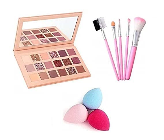 SUNISA 18-Color Nude Eyeshadow Palette with 5 Mini Makeup Brushes & 3 Beauty Blender Sponges - Complete Makeup Kit for Professional & Everyday Use - Perfect for Travel, Bridal, and Party Looks