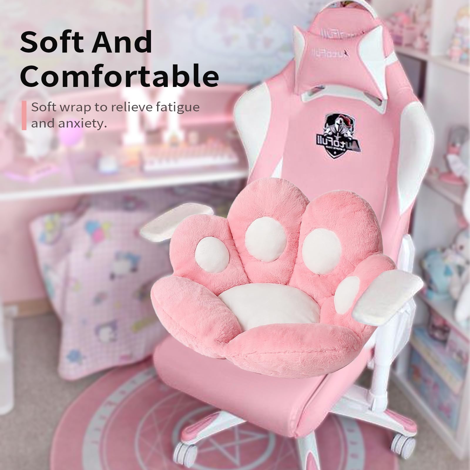 Kawaii Cat Paw Cushion - 31.4 x 27.5 Inch Soft Chair Seat Pad for Gaming Chairs, Office & Floor - Comfy Pink Pillow for Sofa, Bedroom Decor & Anime Lover Gift (Perfect for Gaming, Reading & Relaxing)