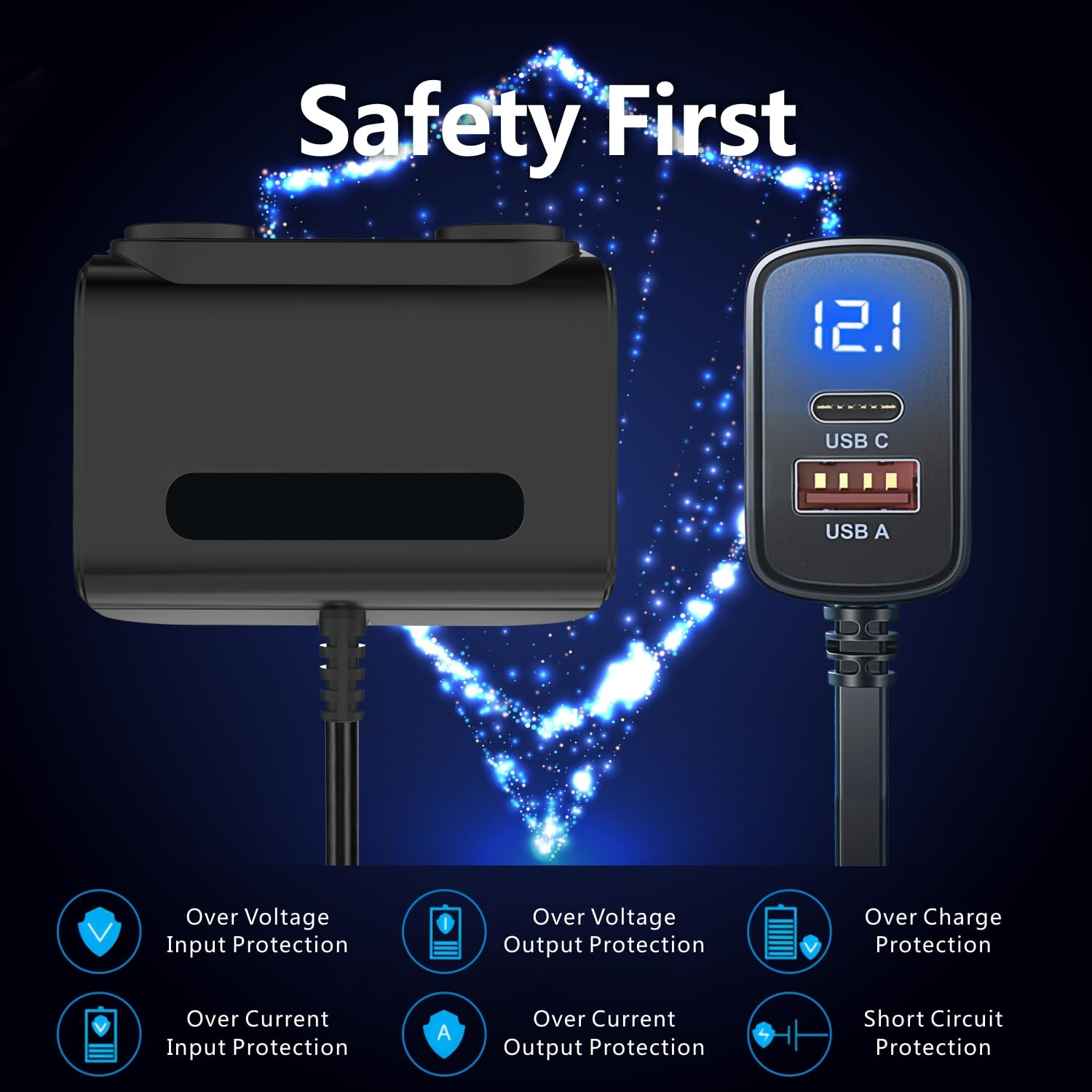 120W Dual USB Car Charger with QC 3.0 & PD Fast Charging, 12V/24V Cigarette Lighter Splitter with Voltmeter - Compatible with iPhone, Samsung, Android Phones - Perfect for Road Trips & Long Drives