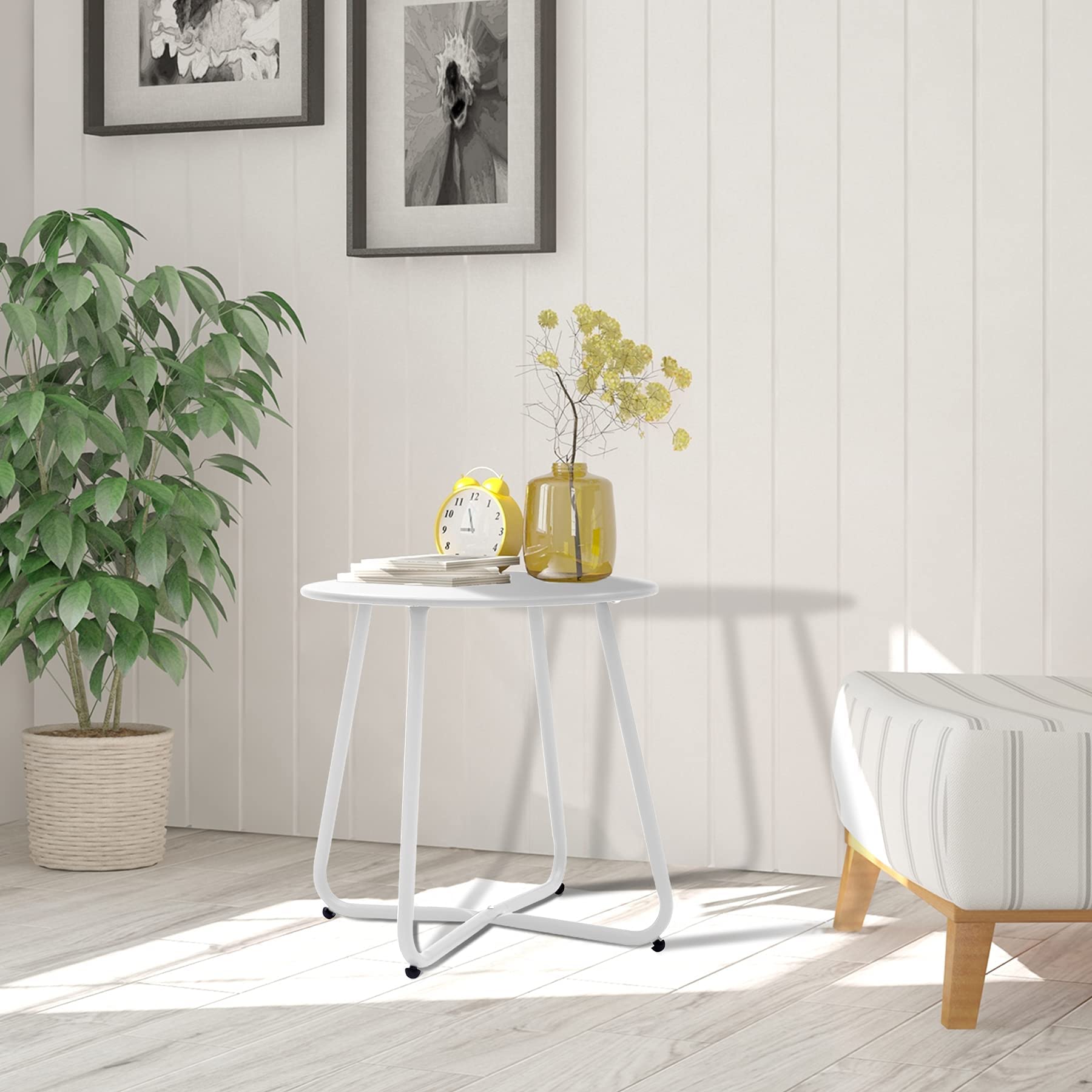 Waterproof Round Metal Side Table - Weather Resistant Outdoor & Indoor End Table for Patio, Garden, Balcony, Yard | Portable Small Steel Coffee Table for Relaxing, Entertaining & Decor (White)