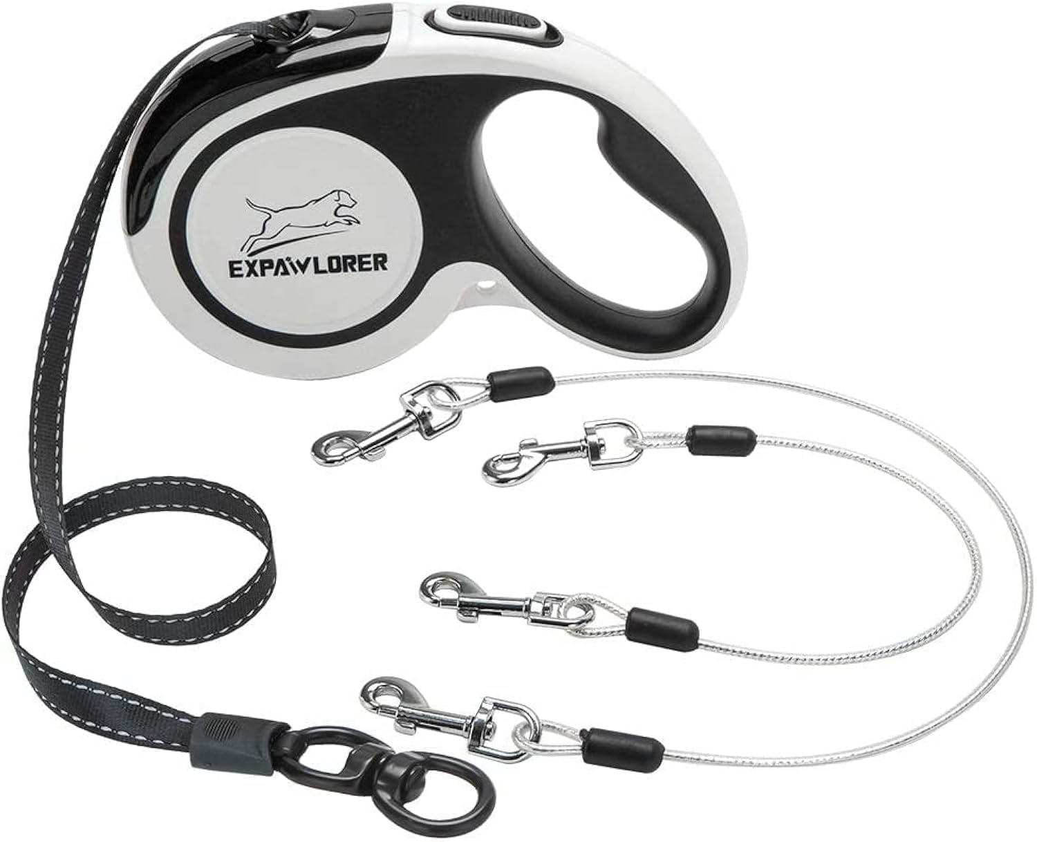 EXPAWLORER Retractable Dog Leash for 2 Dogs - 16ft Heavy Duty Chew Proof Leash with Tangle-Free Dual Wire Ropes, Ideal for Medium & Large Dogs (Black & White) - Perfect for Walking, Training & Outdoor Adventures with Your Pets