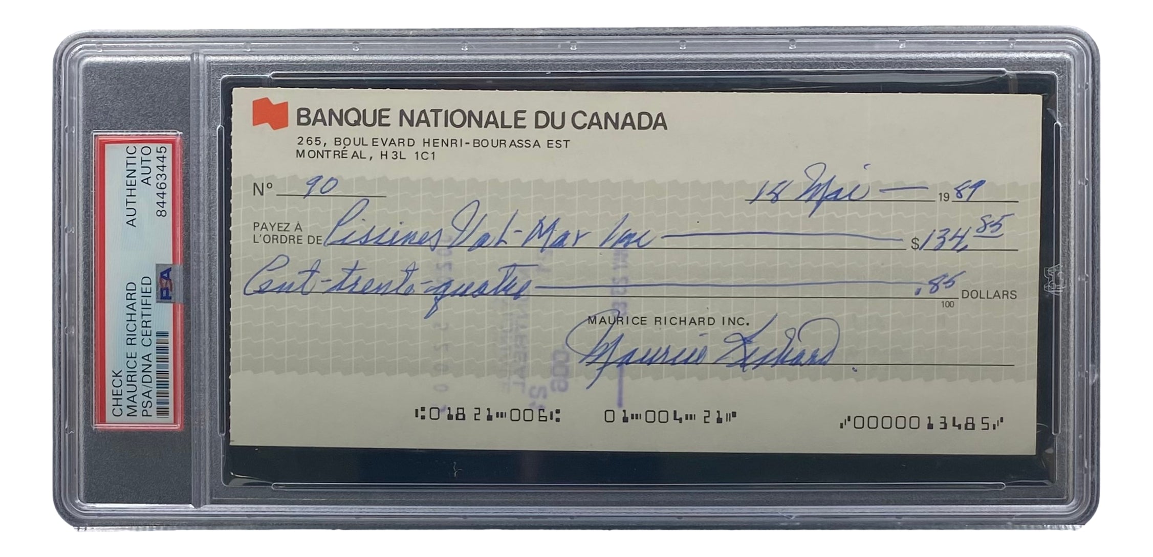 Maurice Richard Autographed Montreal Canadiens Hockey Memorabilia - PSA/DNA Certified Bank Check #90 - Rare NHL Collectible for Sports Fans and Memorabilia Enthusiasts - Perfect for Framing, Display, or Investment Collection