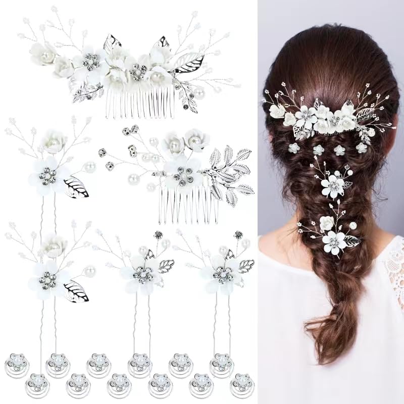 18-Piece Bridal Hair Accessories Set - Pearl Rhinestone White Flower Hair Combs, U-Pins & Spiral Hairpins for Weddings, Prom, Parties | Perfect for Brides, Bridesmaids & Women