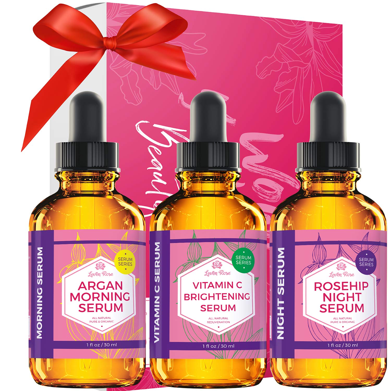 Best Vitamin C Brightening Serum Set with Rosehip Night Serum & Argan Morning Serum - Anti-Aging, Hydrating & Glowing Skin Care Essentials for Day & Night Use