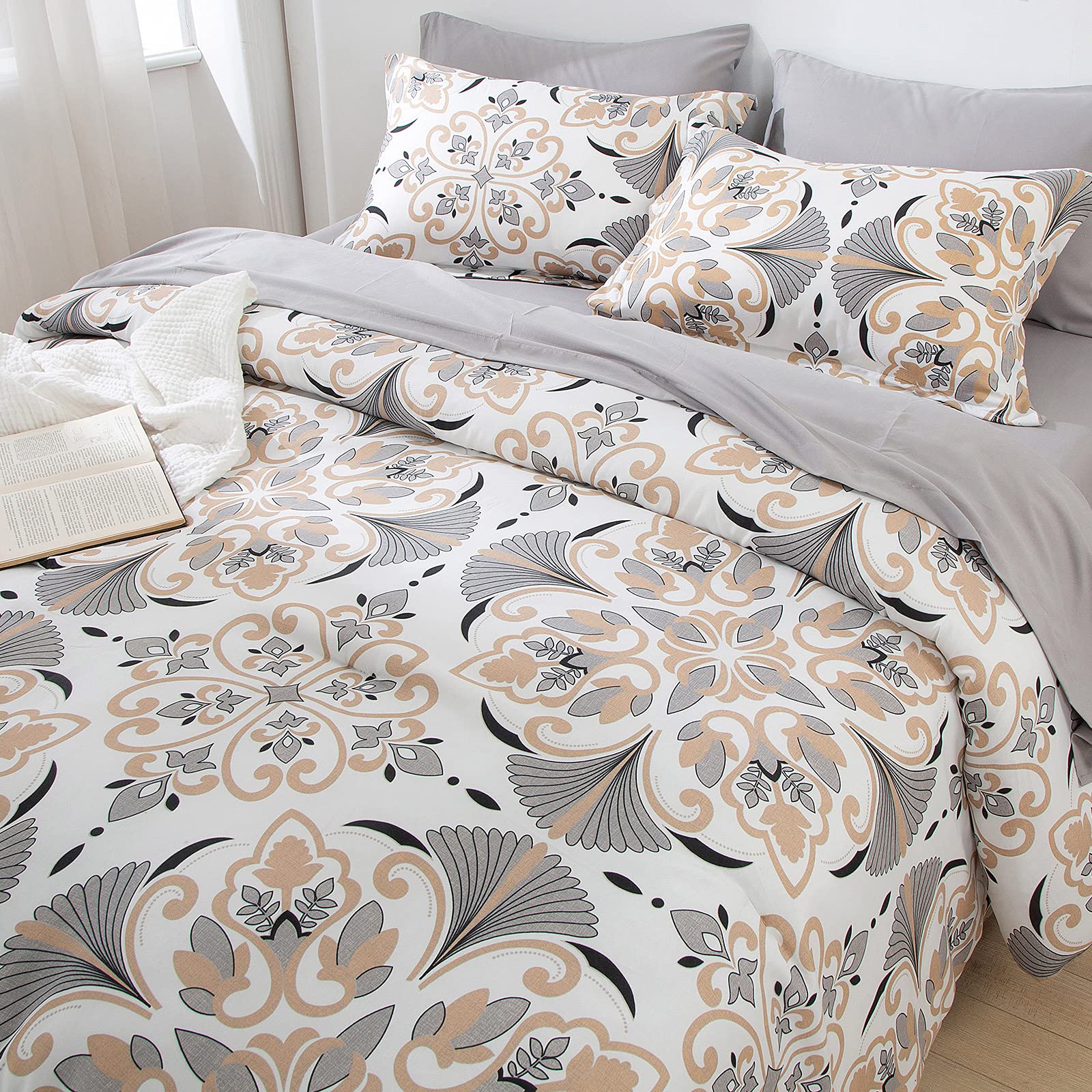 EMME Twin Comforter Set 5-Piece - Grey White Floral Botanical Bedding with Geometric Pattern, Soft Plant Printed Duvet Cover & Sheets, All-Season Fluffy Bedding Set (68