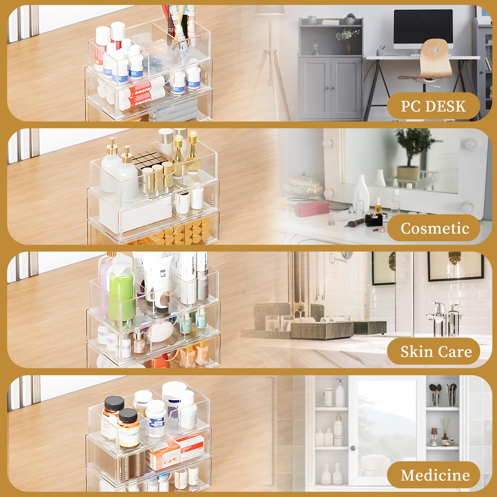 3-Tier Stackable Medicine Cabinet Organizer with Removable Dividers | Clear Plastic Bathroom Storage for Vanity | Perfect for Small Spaces, Apartment Bathrooms & Travel Essentials Organization