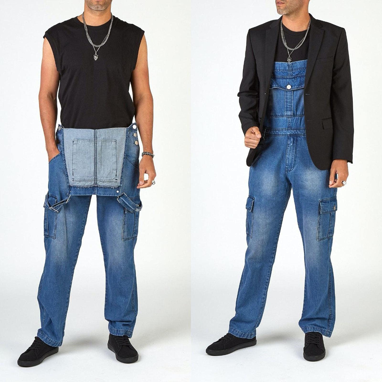 Men's Distressed Denim Jumpsuit - Multipocket Streetwear Bib Overalls, Washed Blue Dungarees (XXL) for Casual Outings, Music Festivals & Urban Fashion