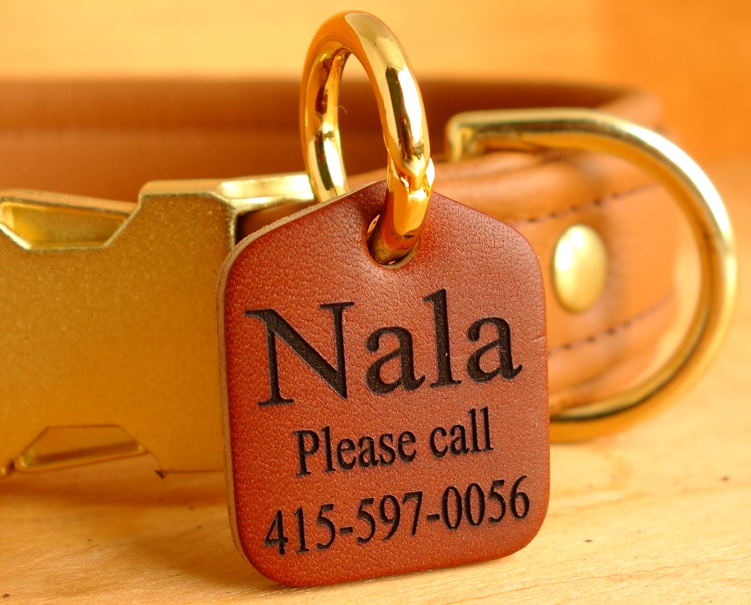Personalized Leather Dog Collar ID Tag with Spring Ring - Custom Pet Name & Phone Number - Perfect for Daily Walks, Travel & Outdoor Adventures