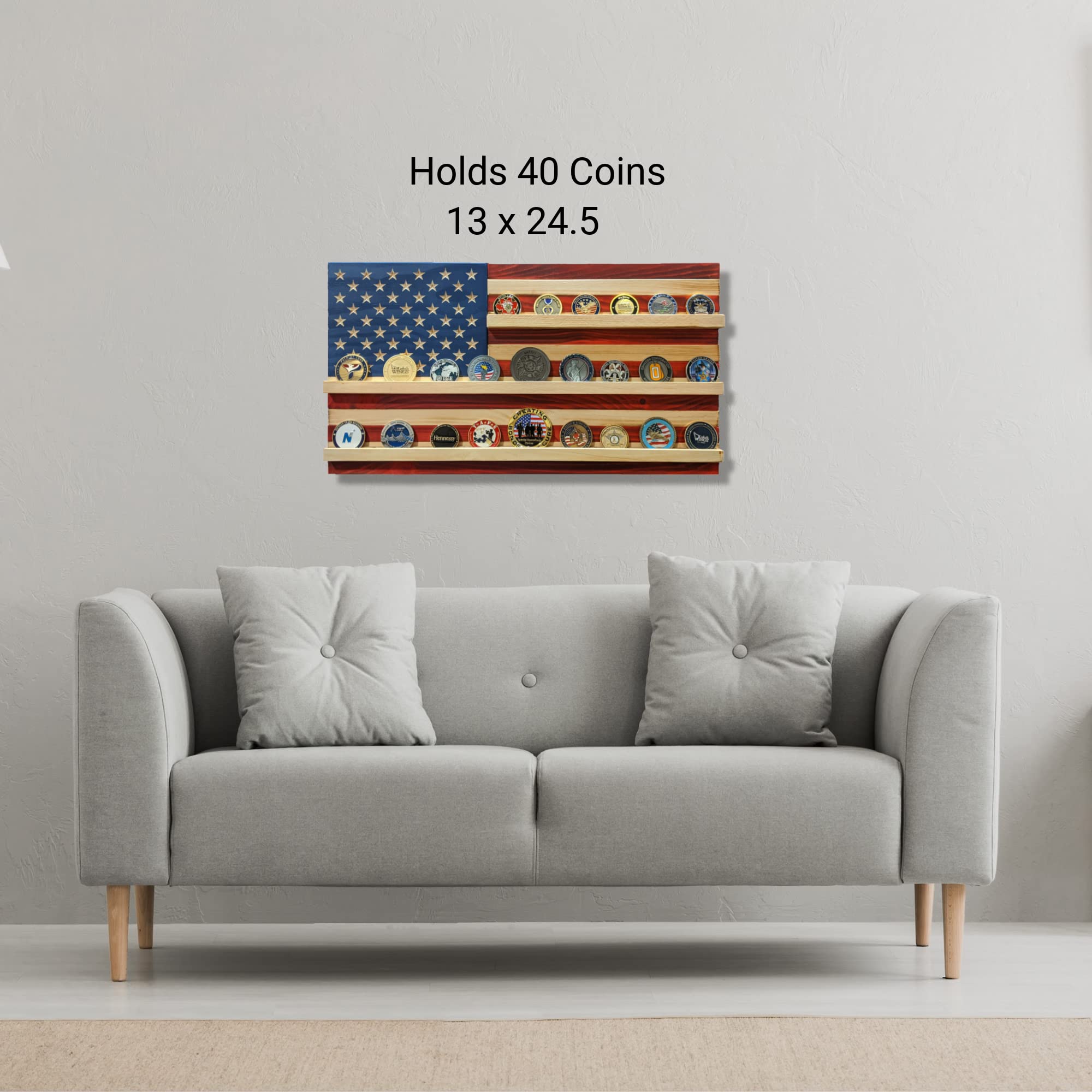 Flags of Valor American Flag Challenge Coin Display - Holds 40 Military Coins | Veteran-Made USA Wall Decor | Ready-to-Hang US Flag (Medium 18.5