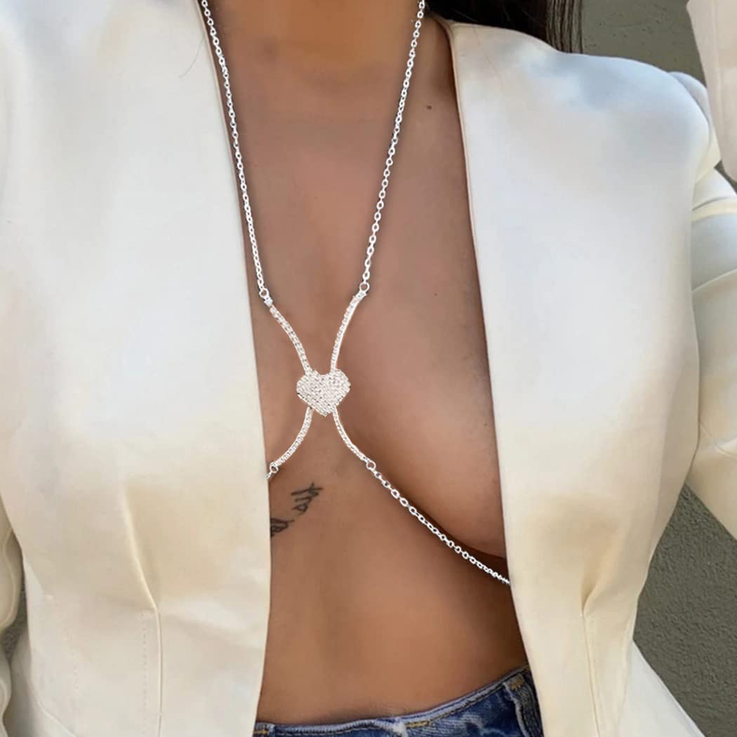 Sparkling Rhinestone Body Chains for Women - Silver Crystal Bikini Bra Chain, Elegant Chest Jewelry for Parties & Festivals | Perfect for Beach, Bachelorette, and Music Festival Outfits