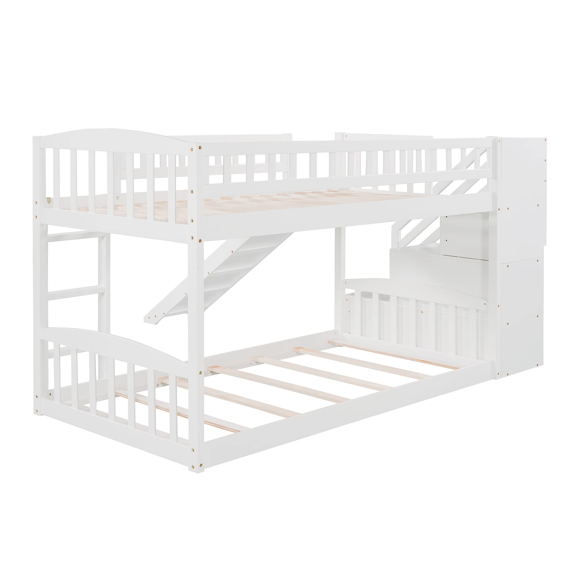 **Twin Over Twin Low Bunk Bed with Slide & Stairs - Solid Wood Kids Bunk Bed with Storage - White - Perfect for Toddlers, Boys & Girls - Ideal for Small Bedrooms & Shared Kids' Rooms**