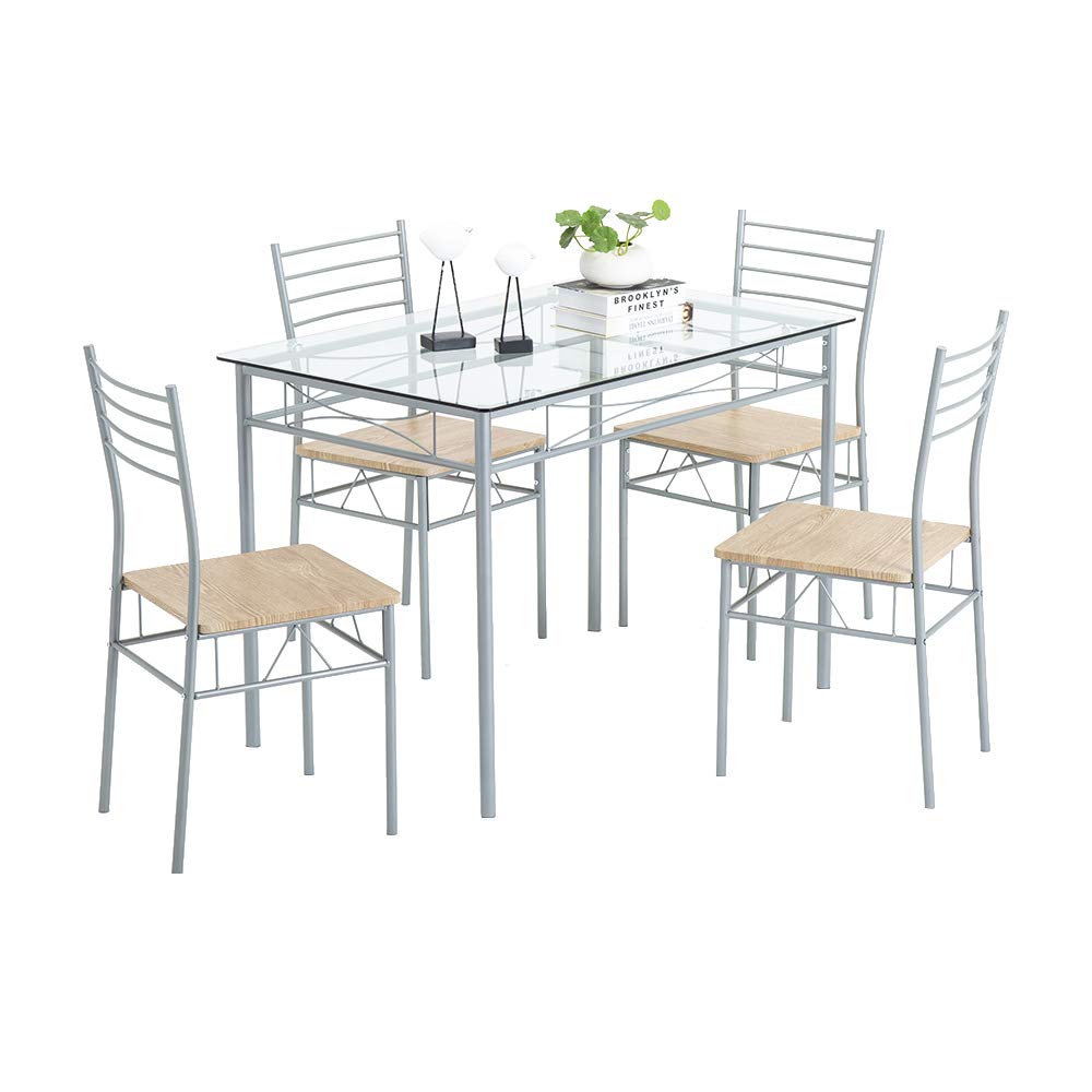 5-Piece Glass & Metal Dining Table Set with 4 Chairs - Modern Kitchen, Breakfast Nook & Small Space Furniture (MDF Cushion Seats) - Perfect for Apartments, Condos & Cozy Dining Areas