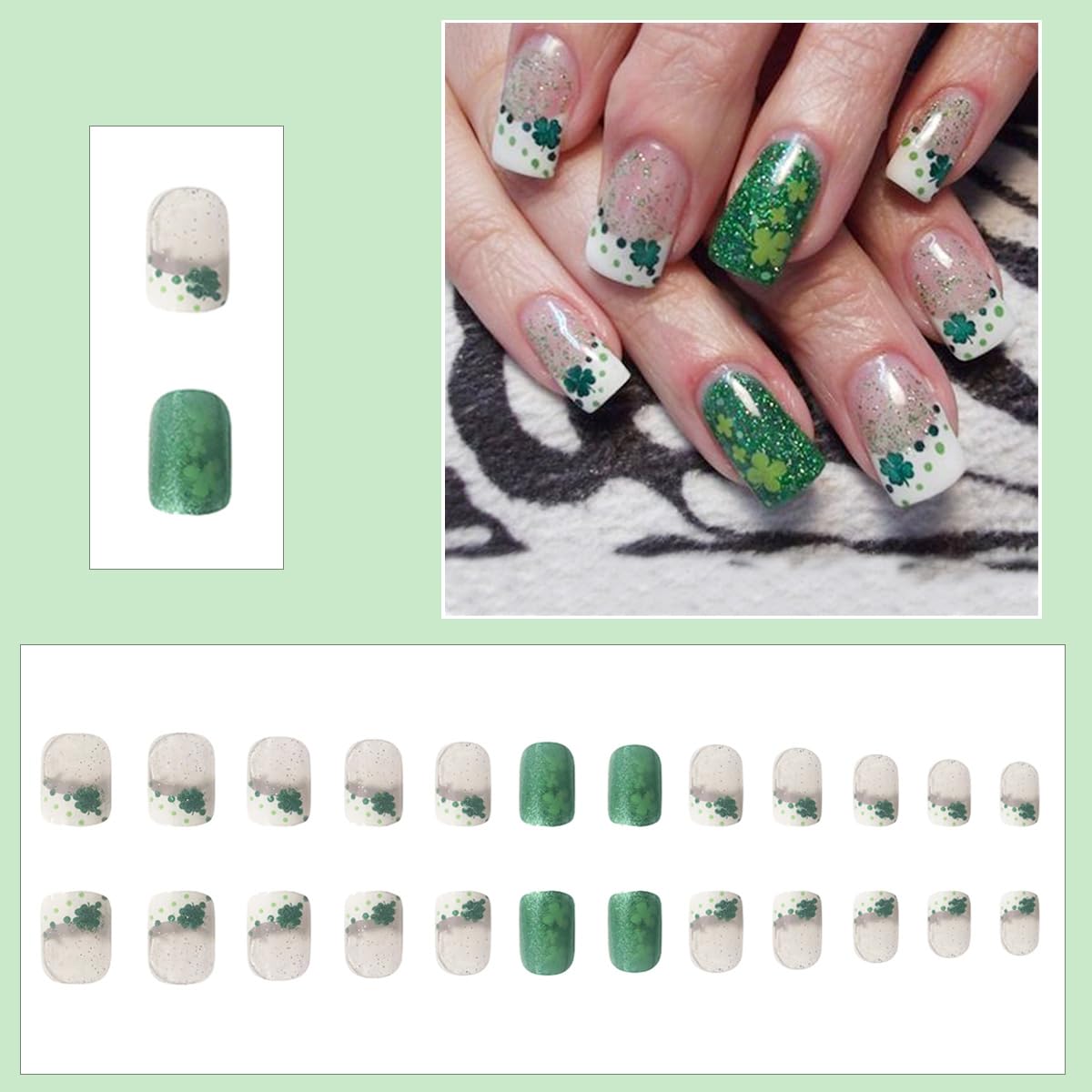 St. Patrick's Day Press On Nails - Short Square French Tip Fake Nails with Green Shamrock Glitter | Full Cover Stick On Artificial Nails | Nude Acrylic False Nails for Women & Girls | Perfect for Parties, Festivals & Manicure Art Accessories