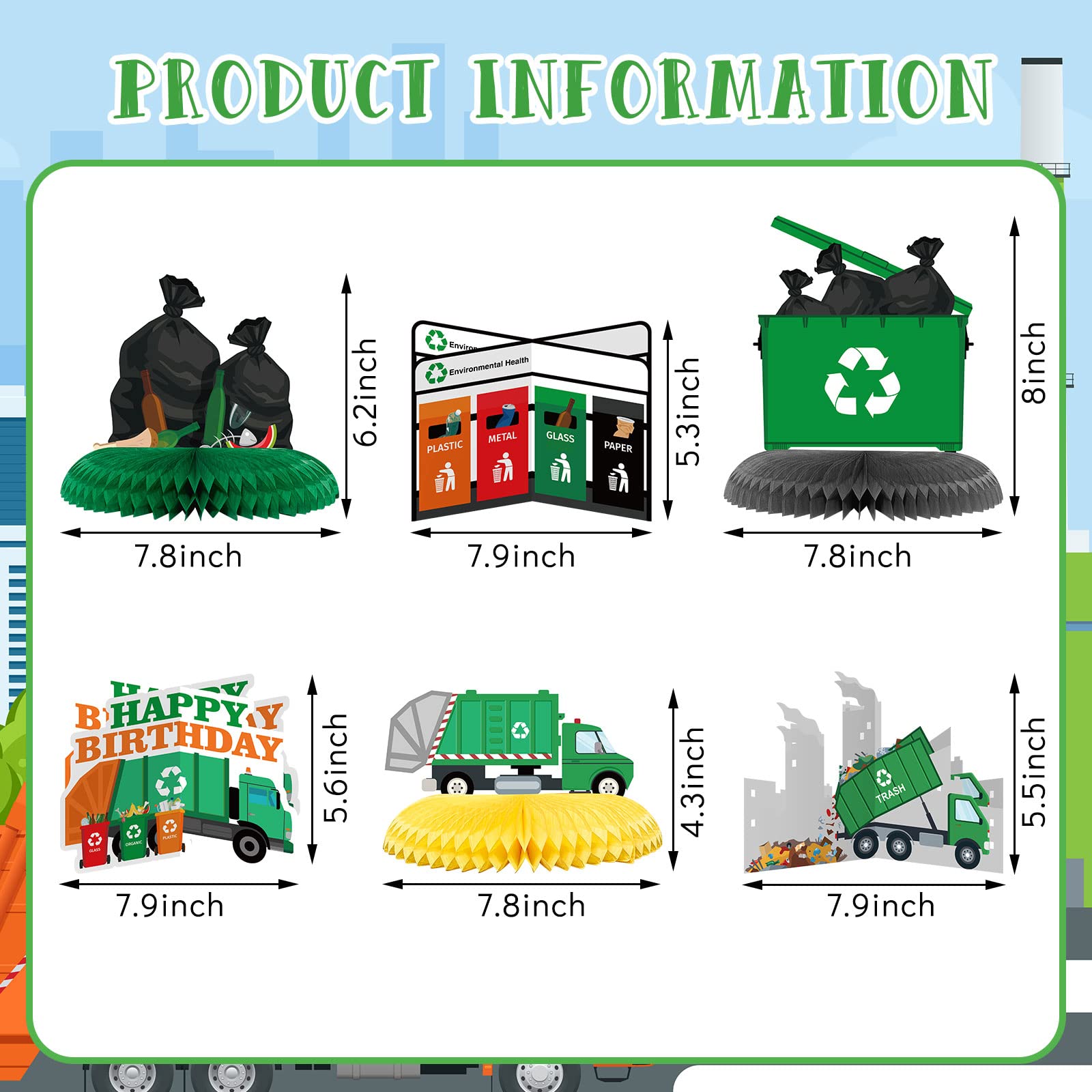 9-Piece Garbage Truck Birthday Party Supplies Set - Honeycomb Table Centerpieces, Trash Truck Table Toppers for Kids Birthday & Baby Shower Decorations - Perfect for Construction-Themed Parties, Toddler Celebrations, and Truck Lover Events