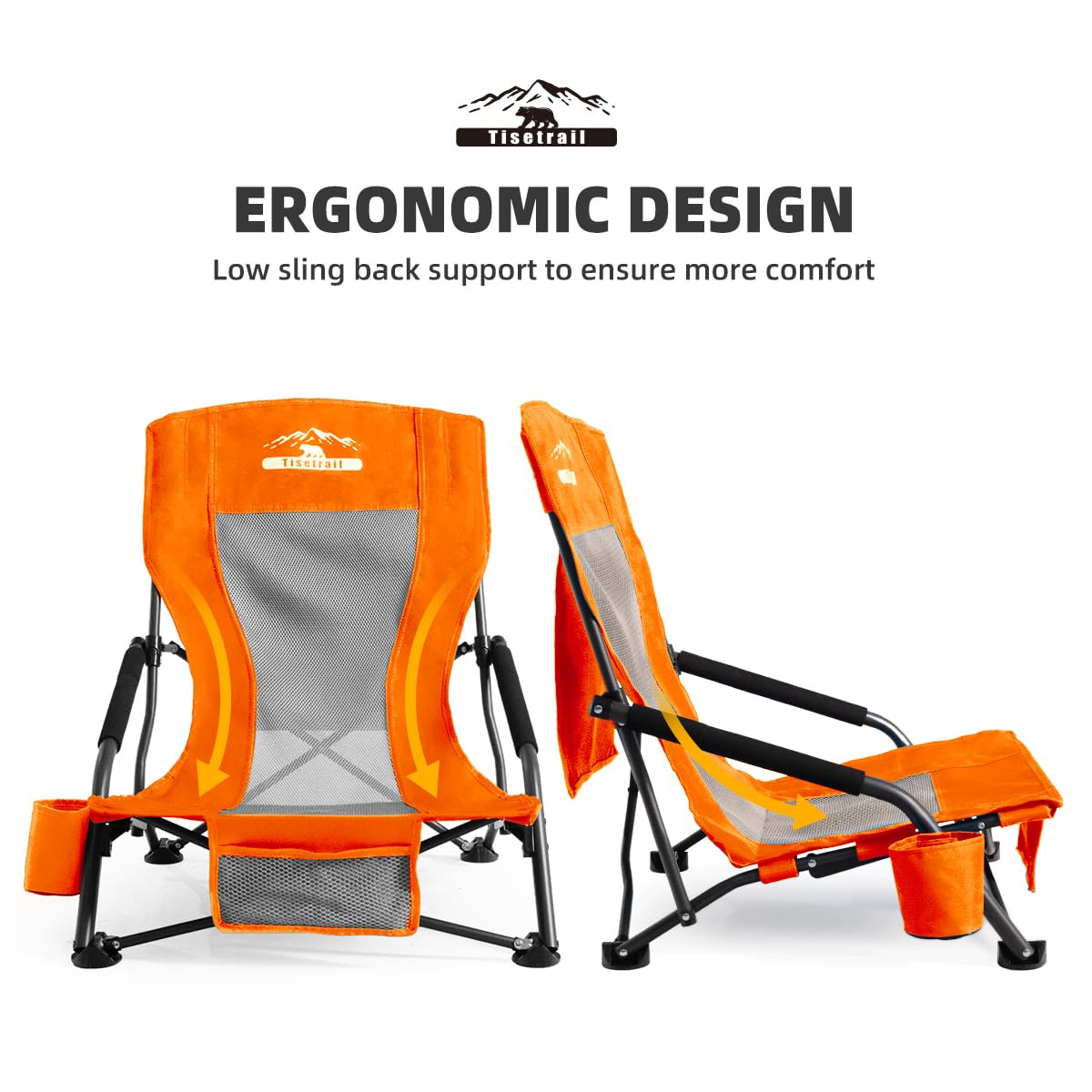 Low Profile Beach Chairs Set of 2 - Portable Folding Mesh Sand Chairs with Cup Holder for Adults, Lightweight Low-Back Sling Chairs for Beach, Camping, Concert & Travel - Supports 300lbs (Orange) - Perfect for Relaxing at the Shore, Backyard BBQs and Outdoor Events
