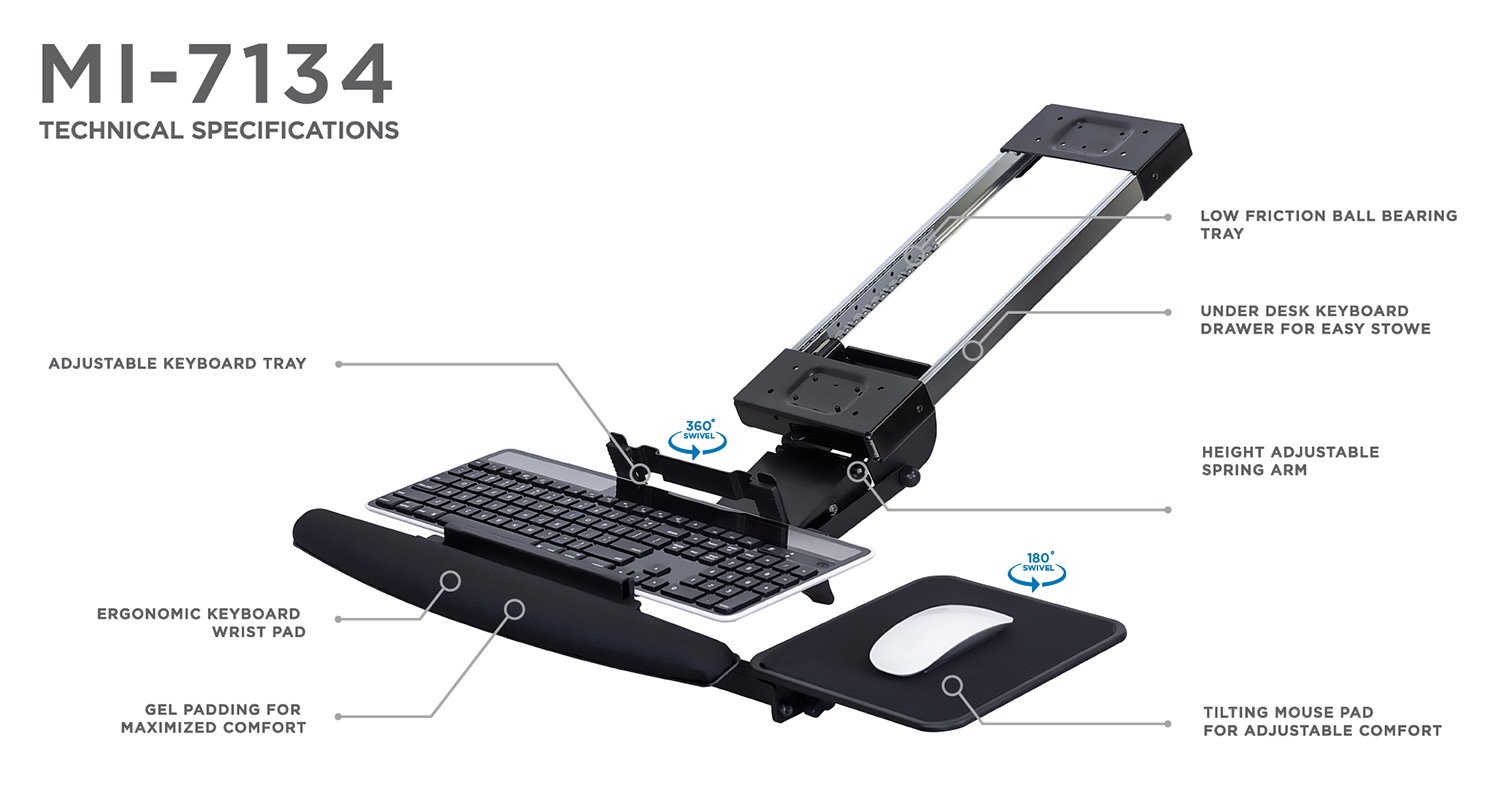 Mount-It! MI-7134 Adjustable Under Desk Keyboard Tray with Ergonomic Gel Wrist Rest & Mouse Pad - Black | Space-Saving Computer Accessory for Home Office & Gaming Setup