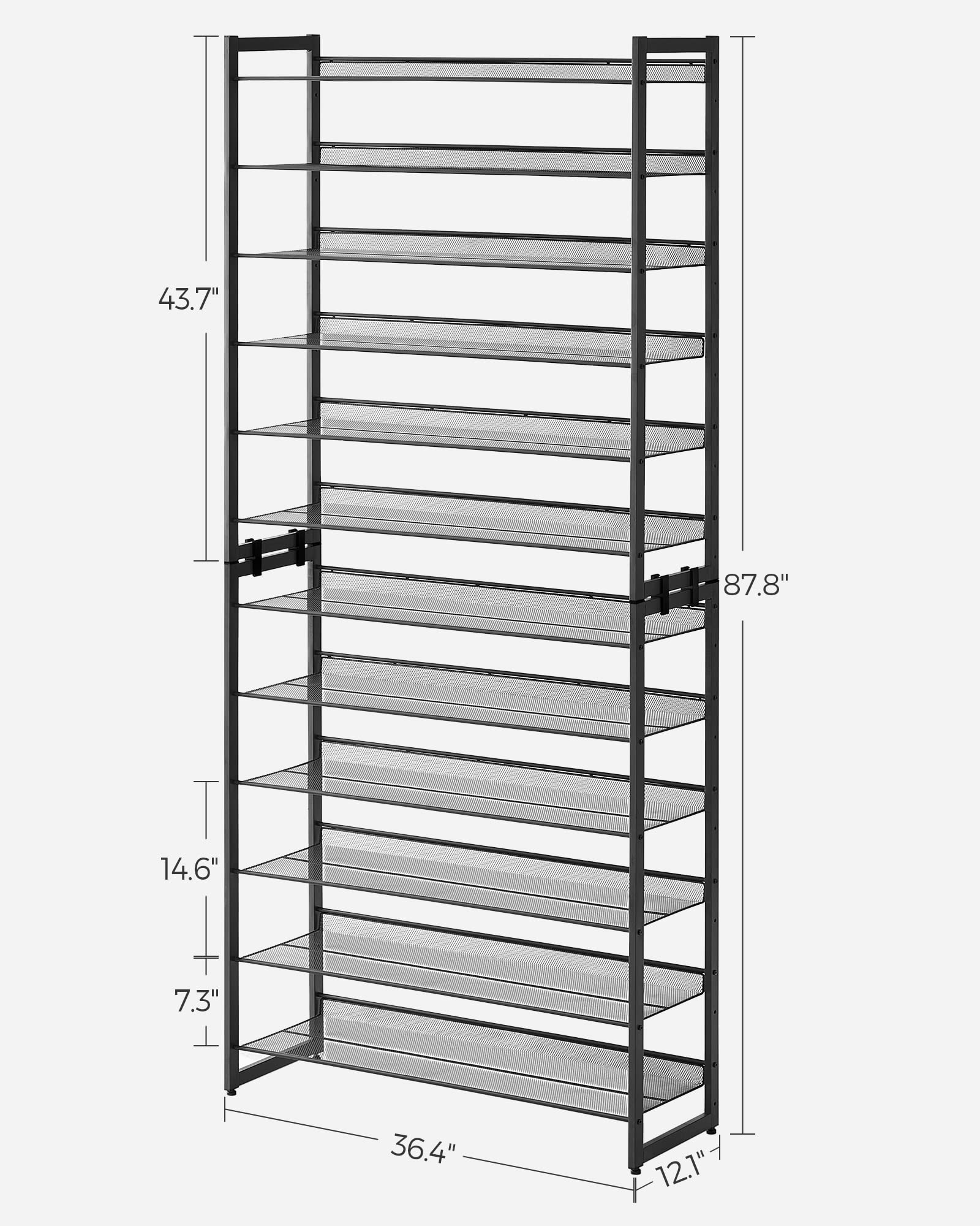 SONGMICS 12-Tier Metal Shoe Rack Organizer - Stackable Shoe Storage Shelf for Entryway, Garage & Closet - Adjustable Flat/Angled Shelves Holds 48-60 Pairs (Set of 2, Black ULMR12B) - Perfect for Small Spaces & Shoe Collection Organization