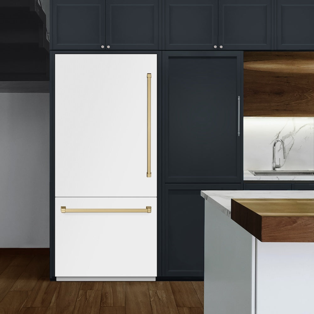 ZLINE Autograph Edition 36 Inch Built-In Bottom Freezer Refrigerator - 19.8 cu ft Capacity, Water Dispenser & Ice Maker - White Matte Exterior with Graphite Gray Interior & Champagne Bronze Accents - Perfect for Modern Kitchens & Luxury Homes (GRBITZ WM 36 CB)
