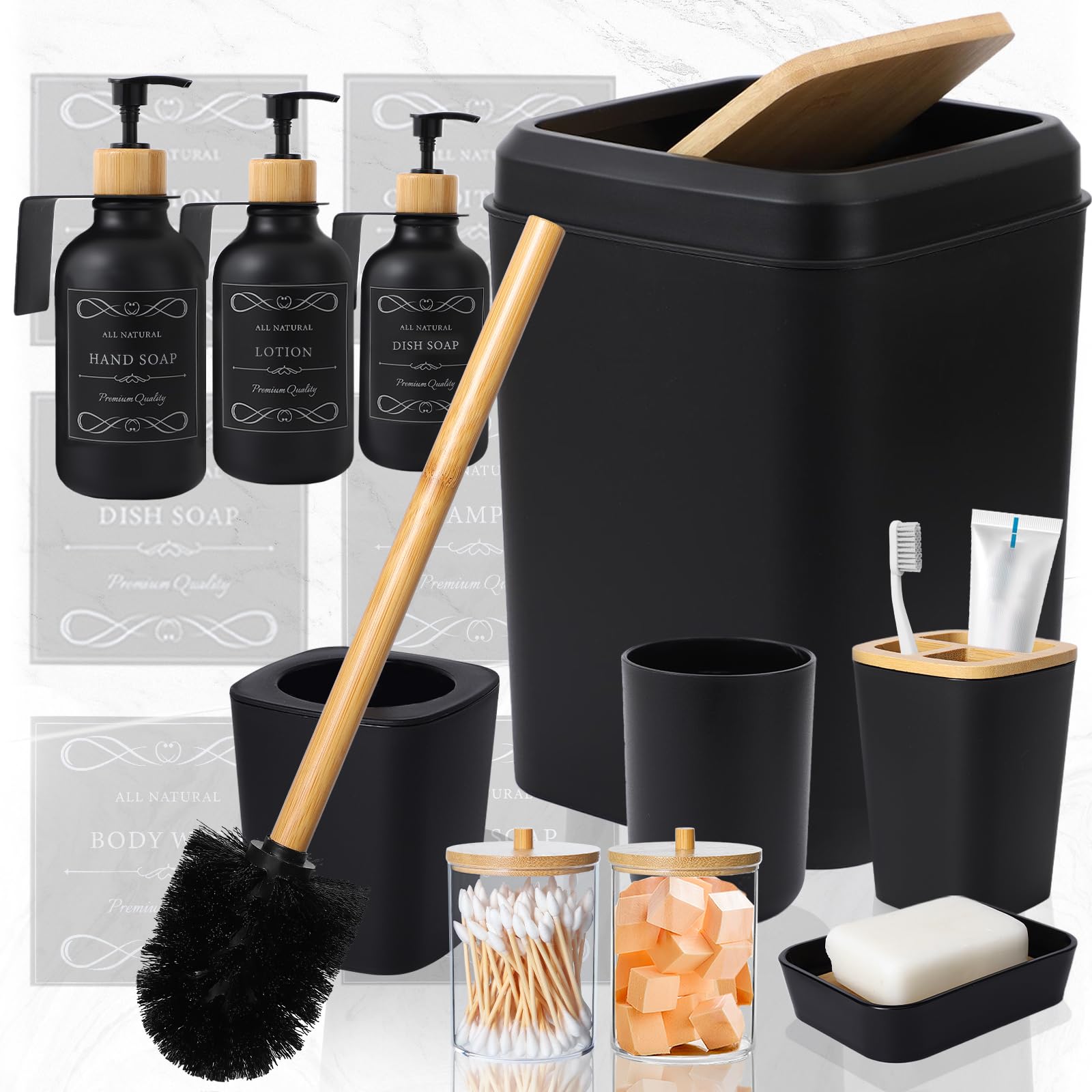 19-Piece Black and Wood Bathroom Accessories Set - Includes Trash Can, Toilet Brush, 3 Wall-Mounted 17oz Soap Dispensers (No Drill Needed), Toothbrush Holder, Cup, Soap Dish & Q-Tip Holder - Perfect for Modern Bathrooms, Guest Baths and Apartment Upgrades