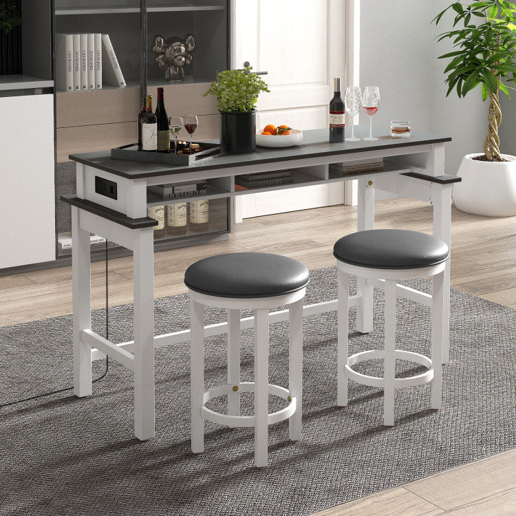 Costway 3-Piece Bar Set with Table & 2 Upholstered Stools - Outlets & USB Ports - Perfect for Kitchen Island, Breakfast Nook or Home Bar