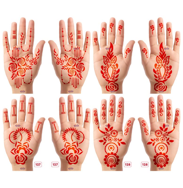 APcute Henna Tattoo Stencils for Girls, Women & Kids - Easy to Use Mehndi Stickers Set of 8 Pieces (Design No. 27, 28, 127, 128) - Perfect for Weddings, Festivals & DIY Body Art